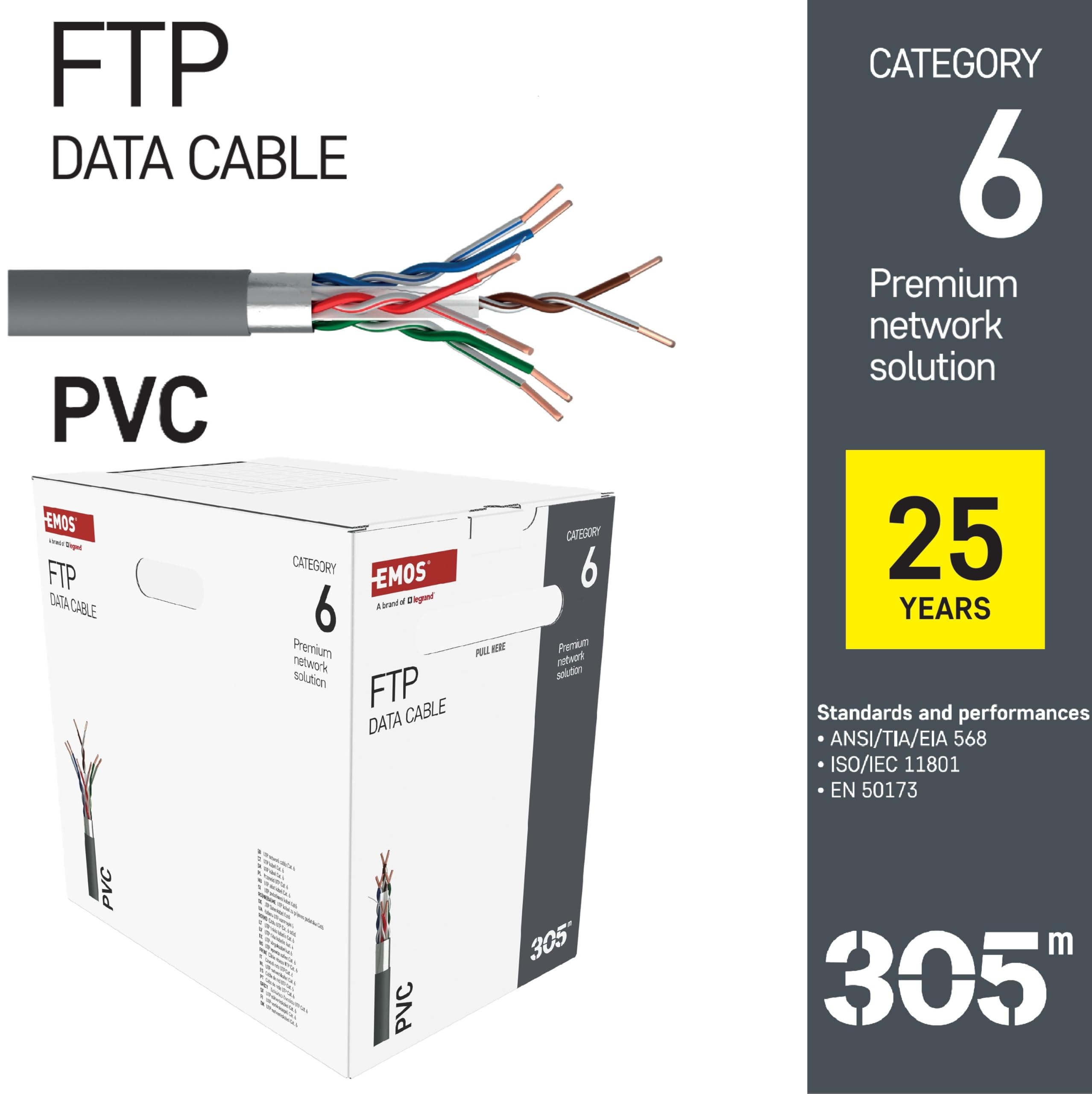 EMOS - Cable de red FTP CAT 6, 305m, PVC, 10GBase-T - Cable de conexión CAT6 FTP - Cable Cu - Cable LAN de 10 Gbps - Cable Ethernet blindado - Para interiores