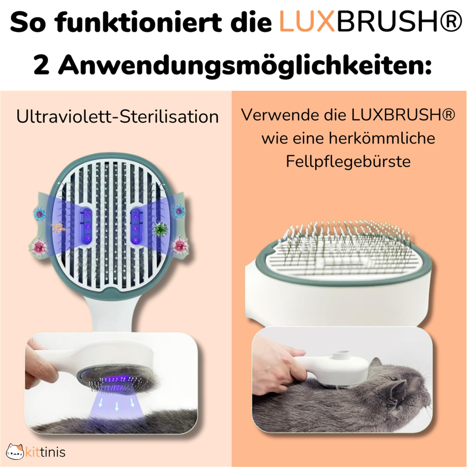 kittinis luxbrush uv zeckenbürste Katzenbürste mit UV Sterilisation Antistatische Entfilzungsbürste für Hunde und Katzen, One Touch Reinigung, tragbar und leicht