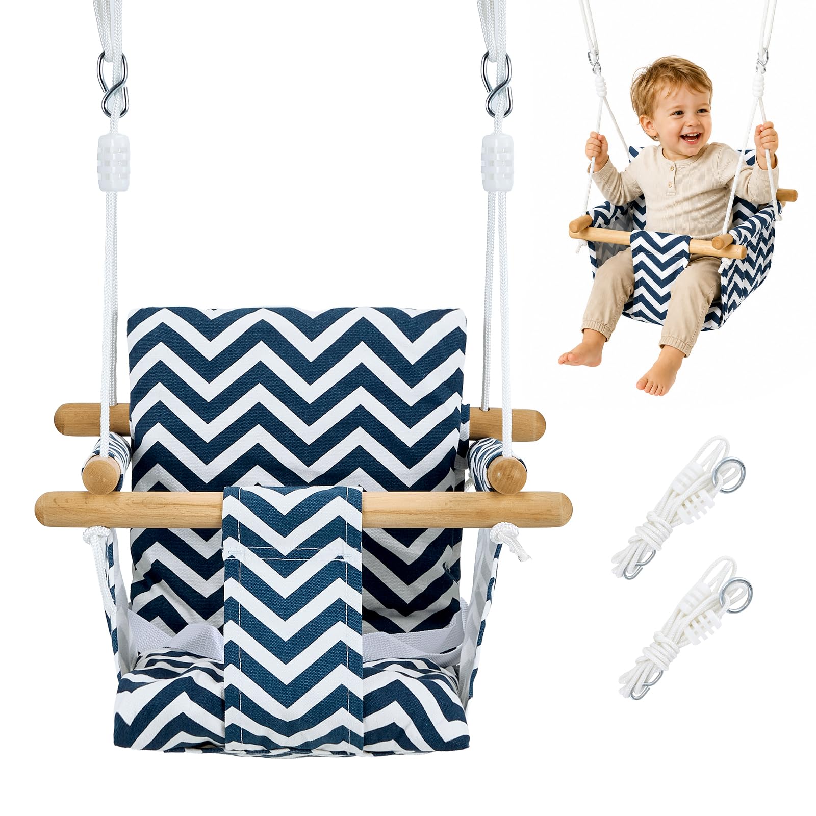Columpio infantil de madera con cinturón de seguridad, con hebilla de seguridad, altura regulable, para interior y exterior, para marco de puerta, columpio de madera para bebés y niños de 6 meses a 3