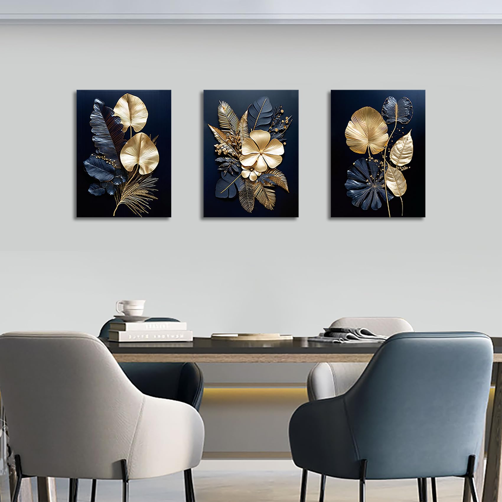FajerminArt 3 Panels Modern Canvas Wall Art Navy Blue Gold Flowers Coconut Leaves Pictures Painting on Canvas Prints for Living Room Bedroom Office Wall Decoration Stretched On Frame 30x40cmx3 Pcs — view 3