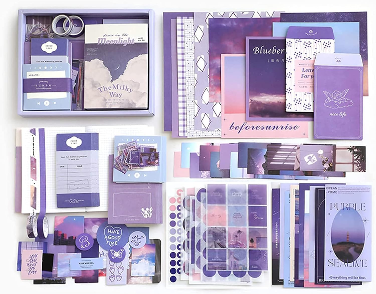 Scrap Book Cute Stationery Set for Kids 155 Items/ 348 Pcs, A6 Journal Notebook, DIY Journaling Kit, Birthday Art Craft Supplies Aesthetic Gift for Girl Child Teenage Women, Purple moonlight