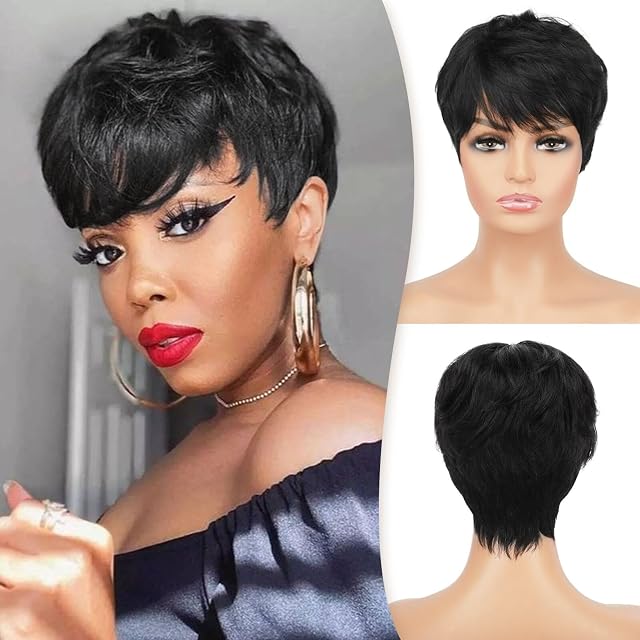 RUWISS Pixie Cut Wig Human Hair Wigs with Bangs Human Hair Wig Natural Short Black Wig Layered Wavy Different Style Short Wigs for Black Women (1B#)