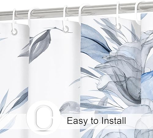 Miniatura 3 de Cortina de ducha bohemia con estampado floral de acuarela azul y gris, estilo de pintura de tinta, cortinas de ducha de flores y hojas para baño