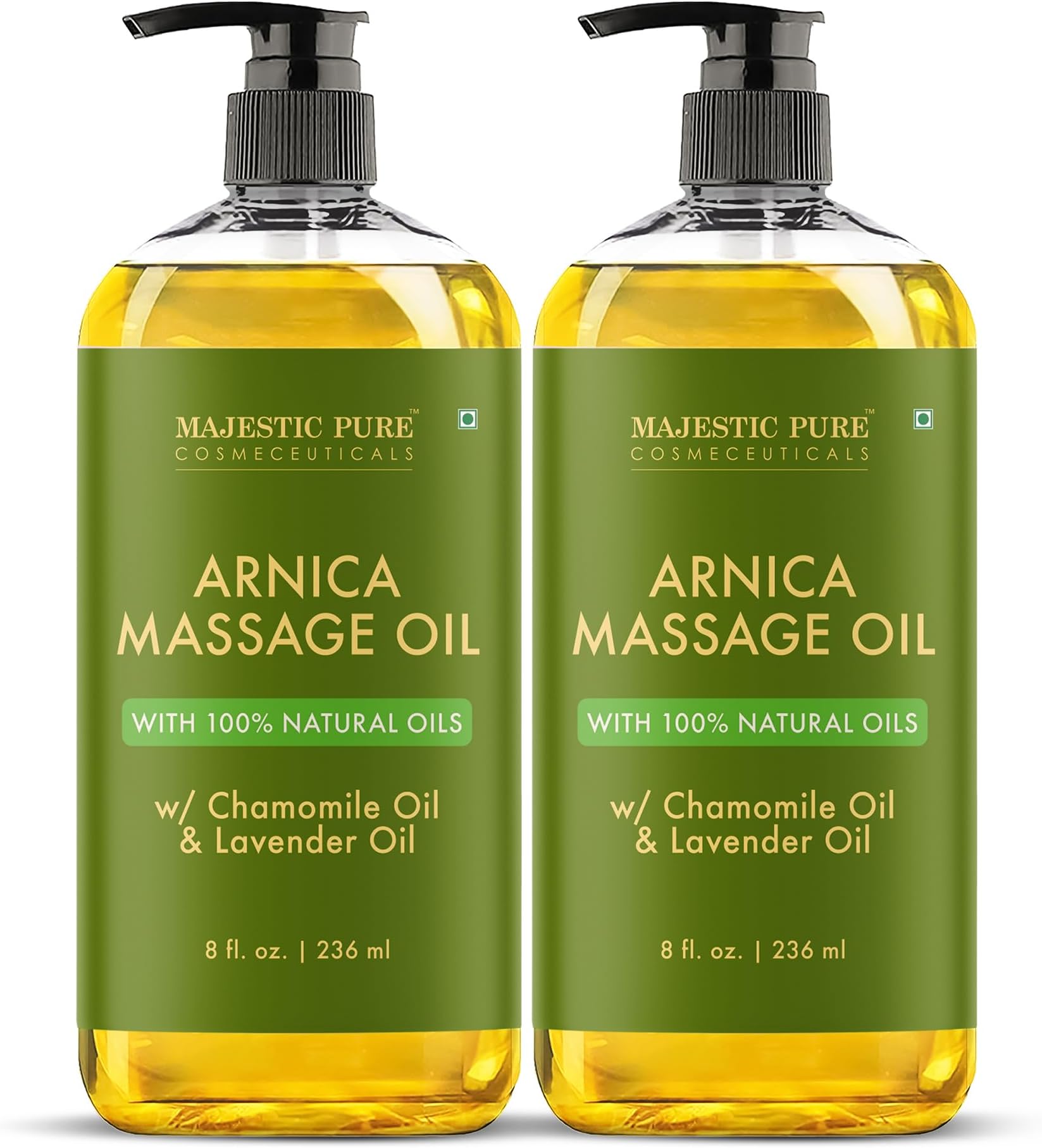 MAJESTIC PURE Arnica Sore Muscle Massage Oil for Massage Therapy-Refreshing & Relaxing-Natural Oils Lavender & Chamomile Essential Oils-All Skin Types- Men & Women Massage Lotion- 8 fl oz (Pack of 2)