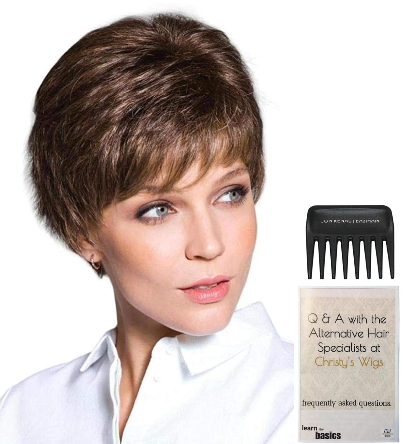 Bundle - 3 items: Zoe Wig by Rene Paris, Christy's Wigs Q & A Booklet & Wide Tooth Comb - Color: COFFEE LATTE
