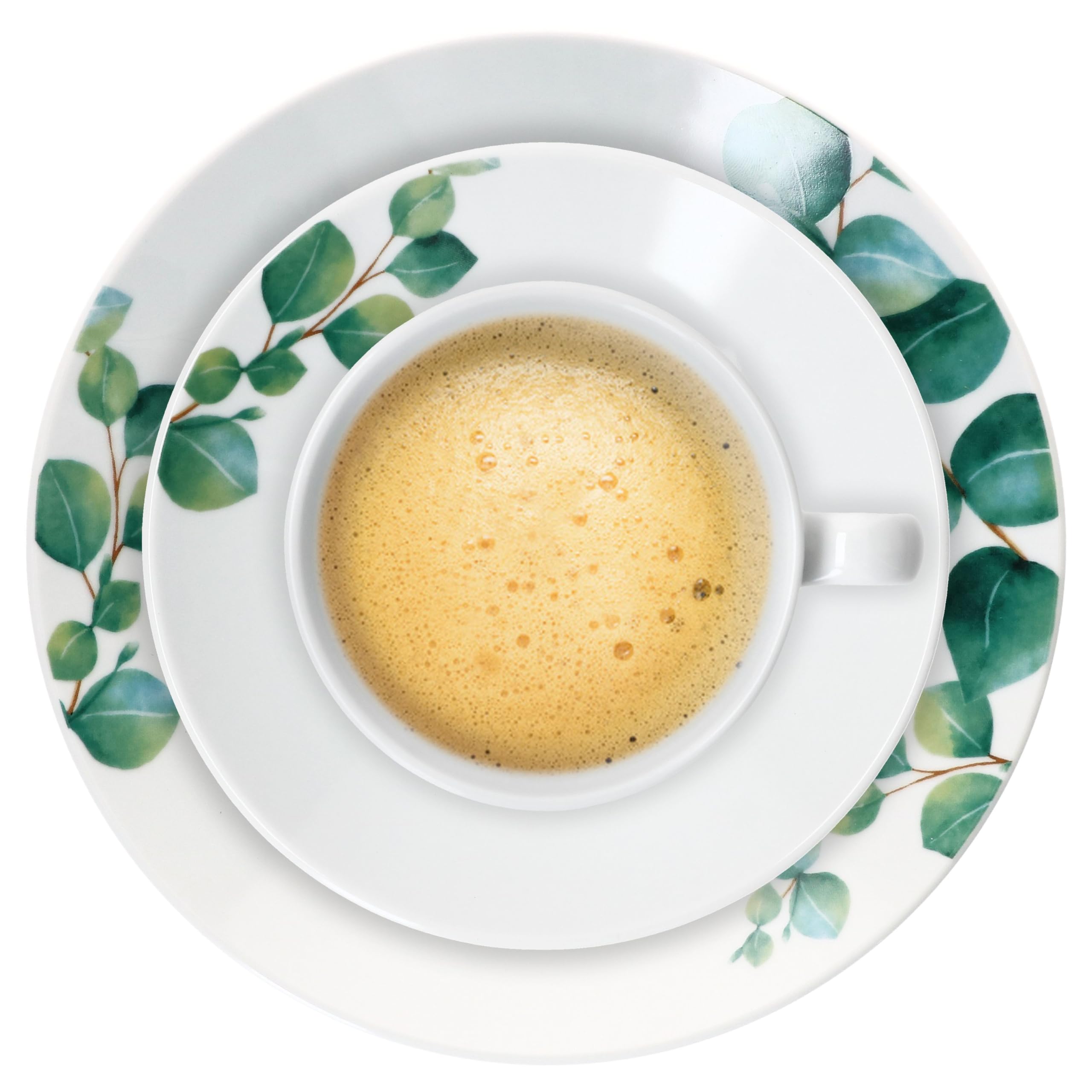 MamboCat Eukalyptus 18tlg Kaffeeservice I weiße Porzellan-Kaffeeset mit grünem Pflanzen-Dekor für 6 Personen I Je 6X Tassen 180ml, Untertassen & Kuchenteller I Geschirr für Frühstück & Kaffee
