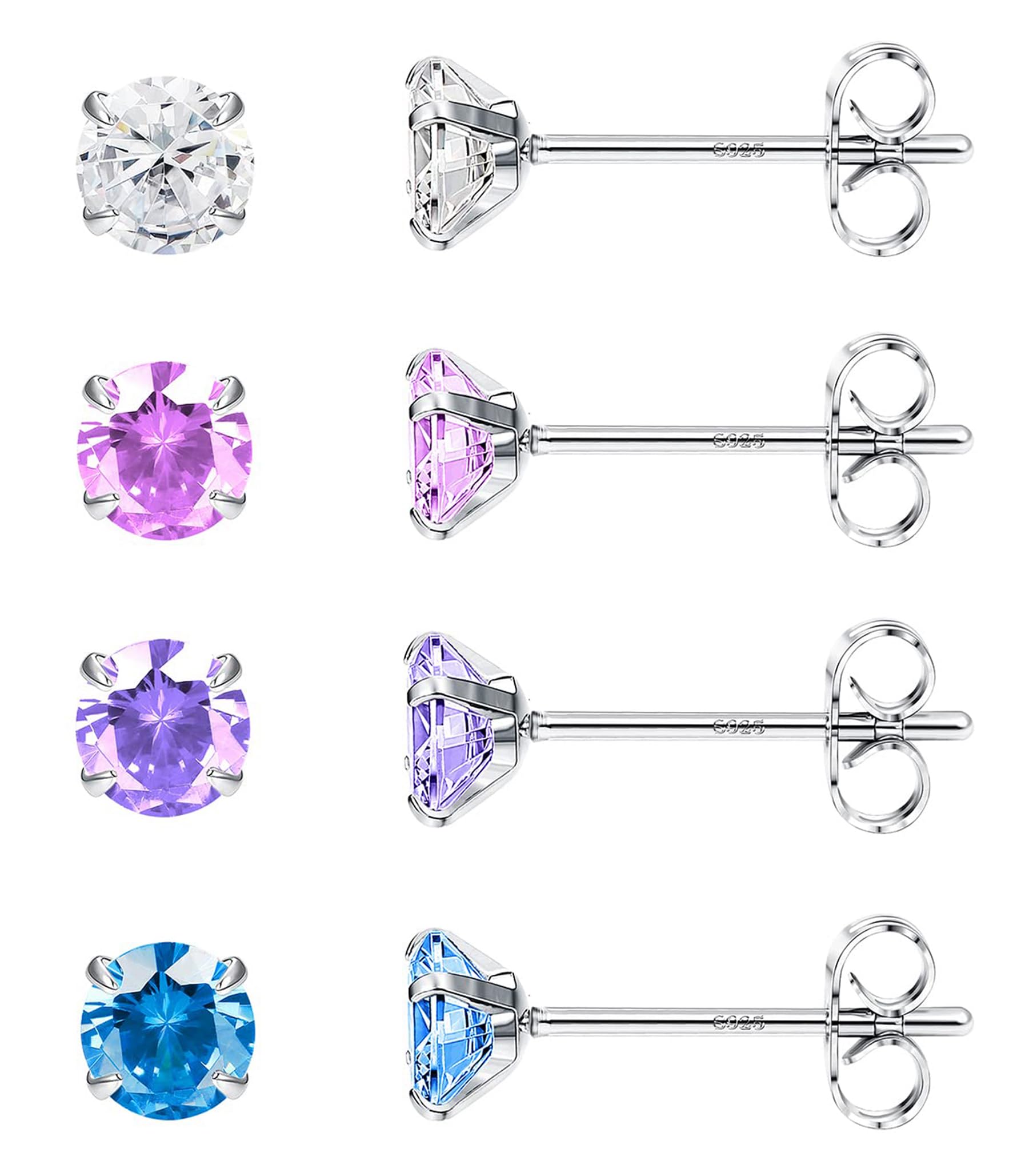 JeweBella 4 Pares 3MM Pequeños Pendientes Plata de Ley 925 para Mujer Hombre Niña Hipoalergénicos Juego de Pendientes de Circonita Cúbica Brillantes Pendientes Antialérgicos Plata 925