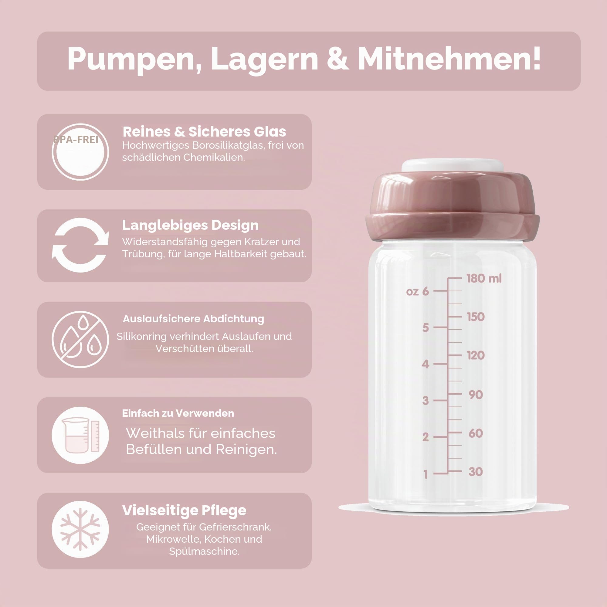 Premium Muttermilch-Aufbewahrungsflaschen aus Glas, 4 Stück, 180 ml, spülmaschinen-, gefrier- und mikrowellengeeignet (Glasflaschen für Muttermilch, 4 x 180 ml)
