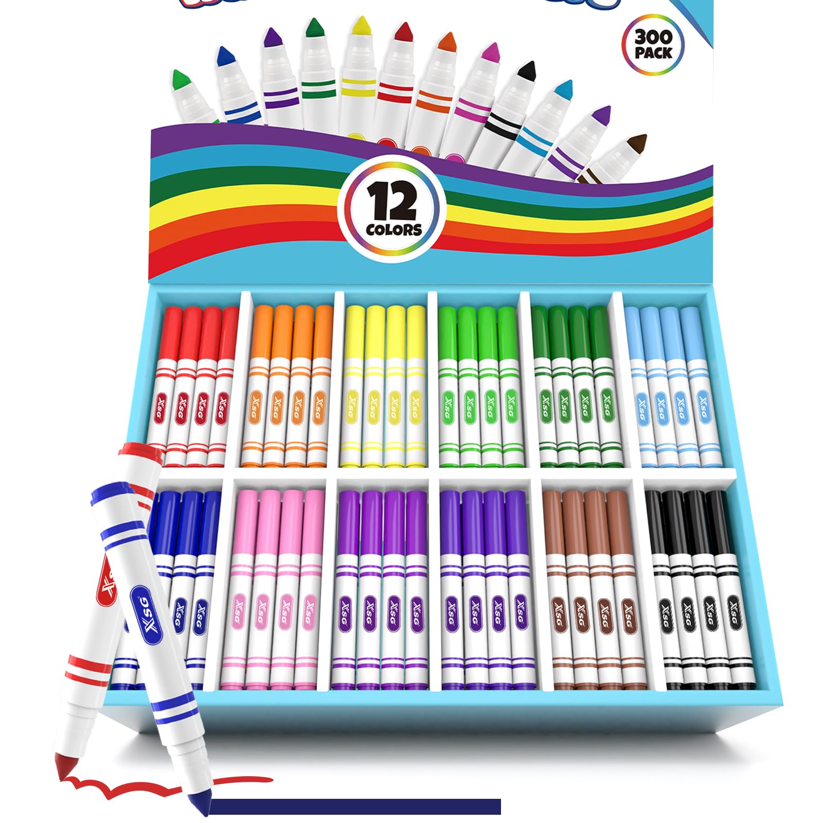 XSG Confezione da 300 pennarelli lavabili per classe, confezione da 12 pennarelli colorati con punta conica a linea larga, forniture artistiche atossiche e materiale scolastico per studenti