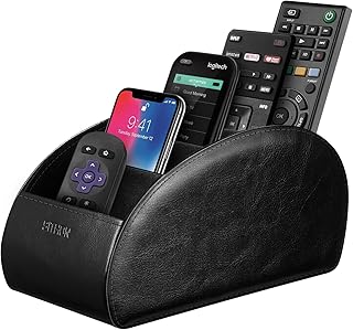 SITHON Remote Control Holder with 5 Compartments – [Upgrade Version] PU Leather Remote Caddy Desktop Organizer Store TV, DVD, Blu-Ray, Media Player, Smart Phones, Heater Controllers (Black)