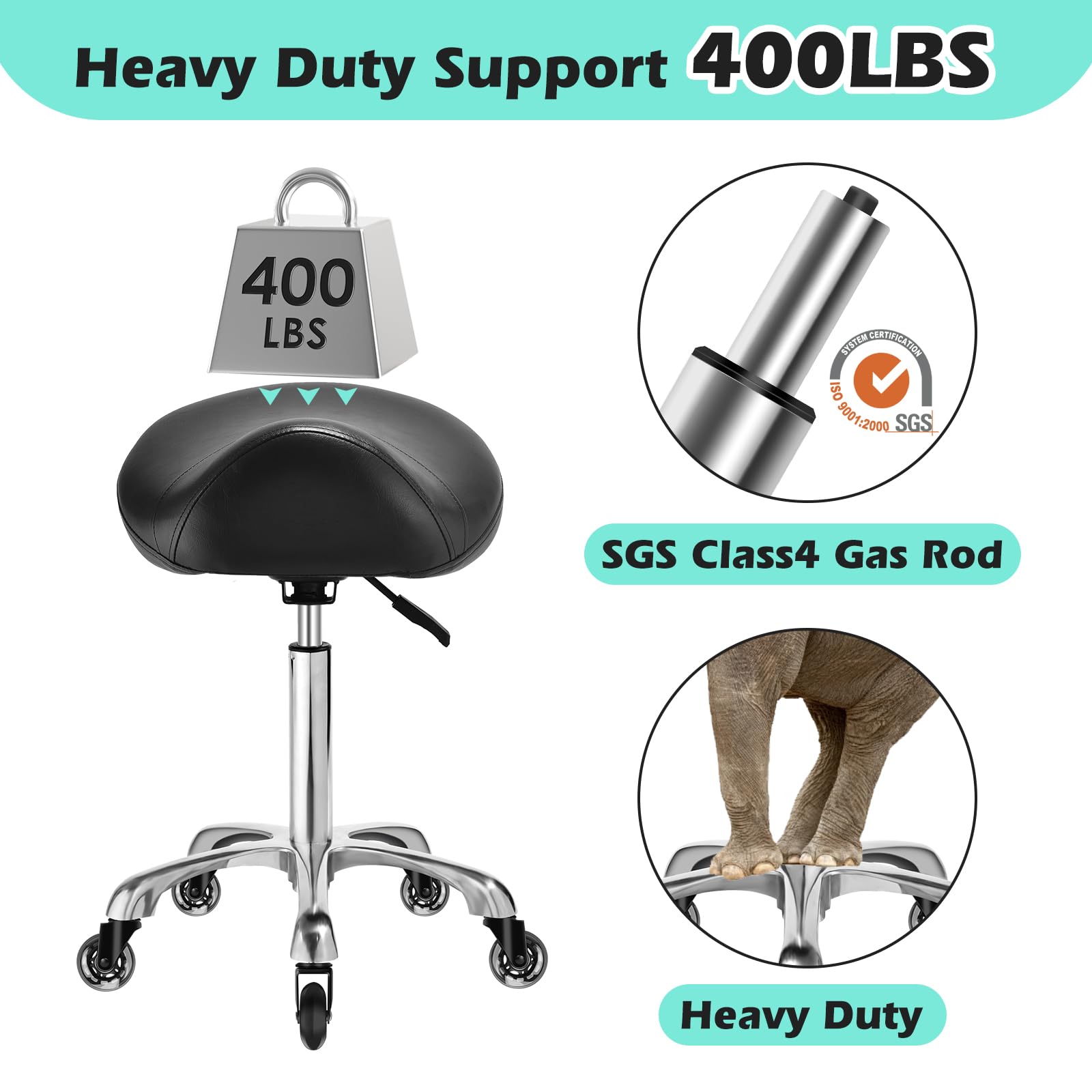 Taburete ergonómico con ruedas – Cojín de asiento de cuero más grueso mejorado, corrección de postura saludable, deslizamiento suave y sedoso, taburete ajustable con ruedas para masaje médico de salón 7