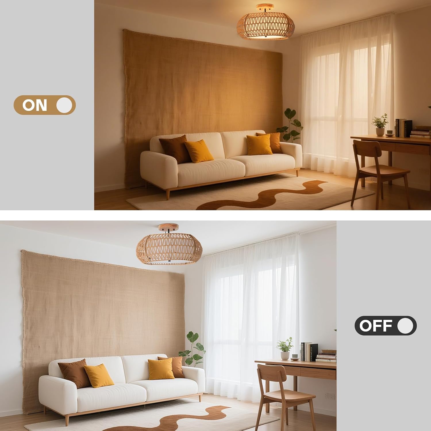 20” Rattan Ceiling Light Fixtures Flush Mount, 4-Light Hand-Woven Rattan Chandelier Bohemian Wicker Light Fixtures, Close to Ceiling Farmhouse Light Fixture for Bedroom Hallway Kitchen Dining Room