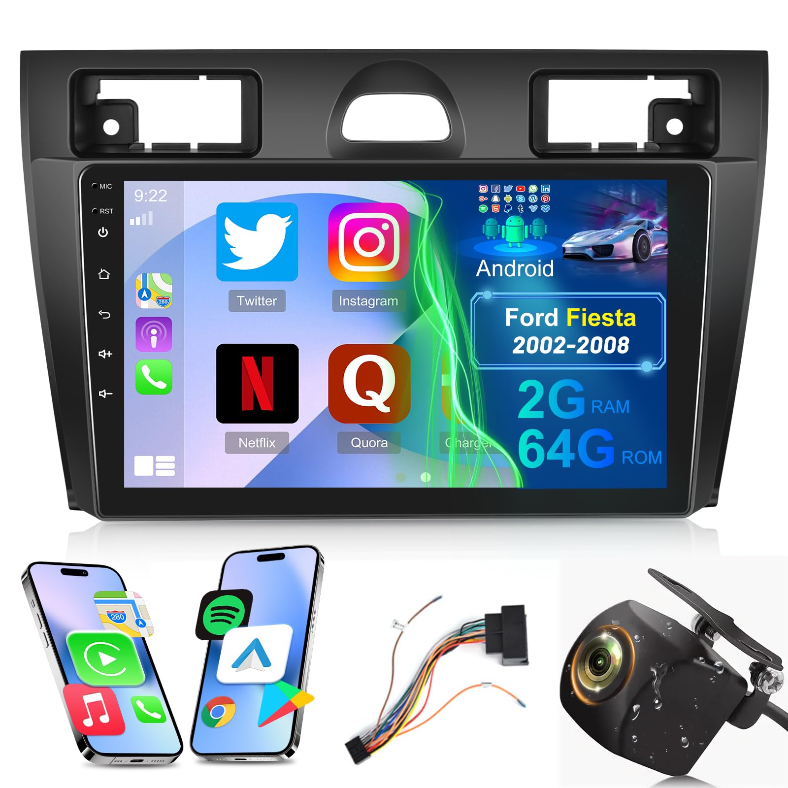 Autoradio per Ford Fiesta 2002-2008 con Wireless Carplay e Android Auto | 2G+64G Android 13 9 Pollici Touchscreen Radio con WiFi/GPS/FM RDS/Bluetooth+AHD Retrocamera