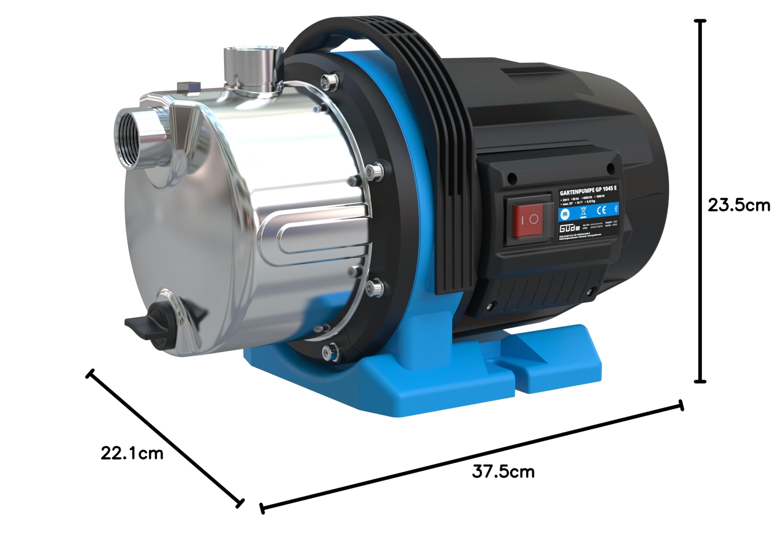 Güde Gartenpumpe GP 1045 E (1000 W, Fördervolumen: 4500 l/h, max. Förderhöhe: 45 m, max. Ansaughöhe: 8 m, Pumpengehäuse aus Edelstahl, Noryllaufrad, Thermoschutzschalter, ergonomischer Tragegriff)