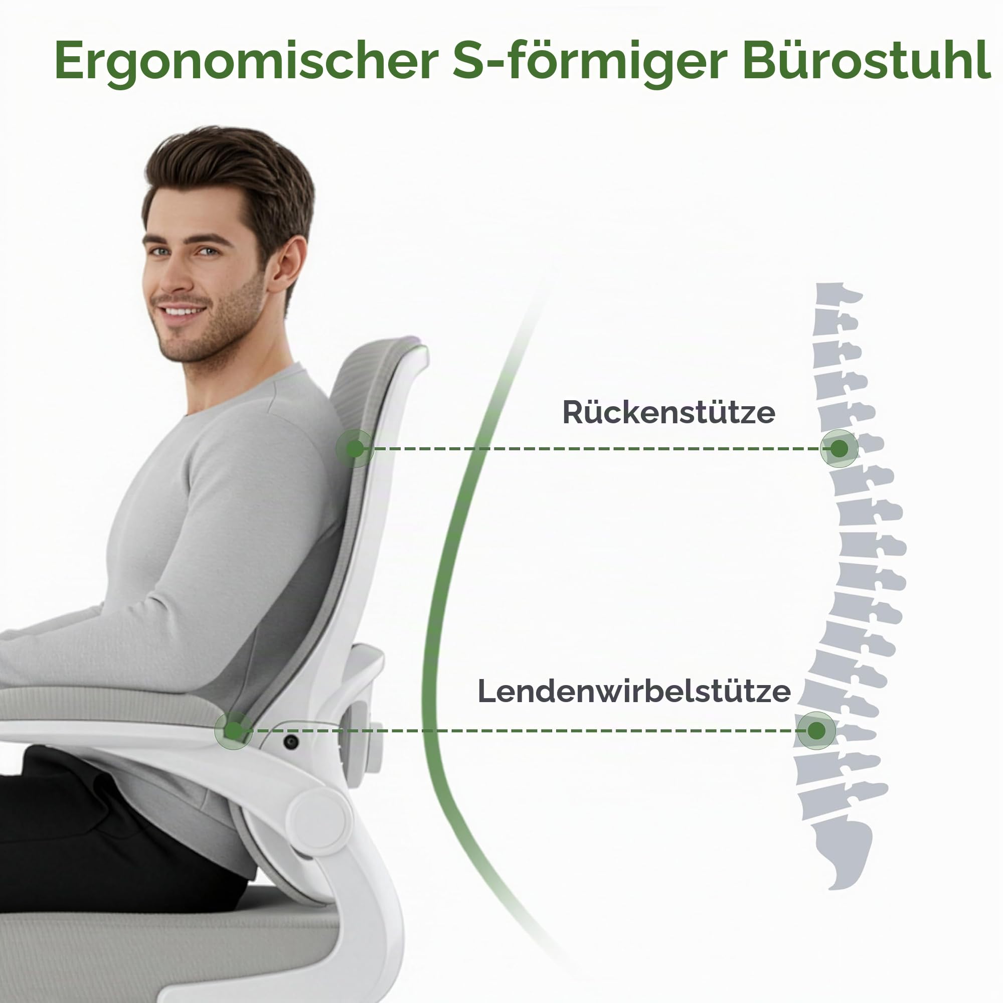 Farini Ergonomischer Mesh Rollcomputer Stuhl mit Verstellbarer Lendenstütze und aufklappbaren Armlehnen – Executive Schreibtischstuhl, drehbarer Bürostuhl für Homeoffice