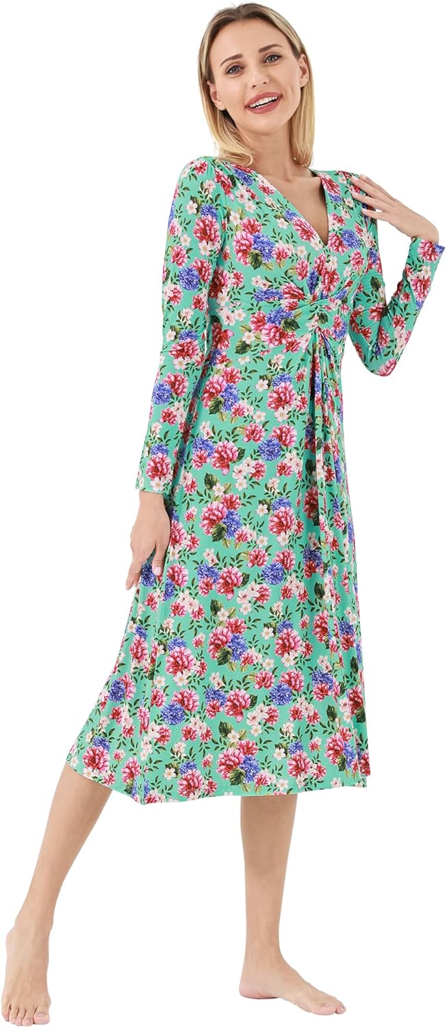 Women's Long Sleeve Dress V Neck Fall Casual Floral Dresses High Waist Dress-Viscose from Bamboo S-XXL - Image 4