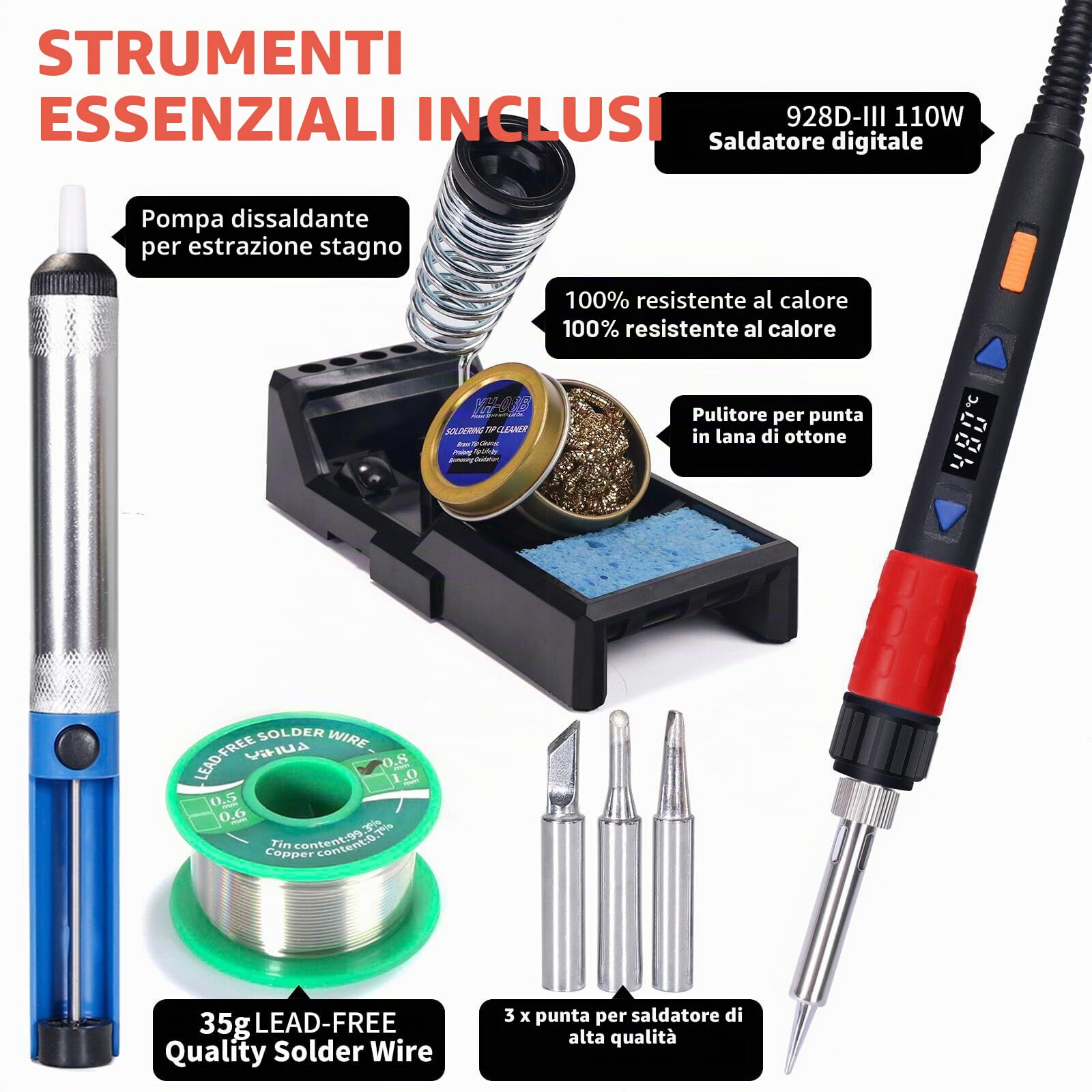 YIHUA 928D-III 110W Saldatore a stagno professionale con display LED e stabilizzazione temperatura