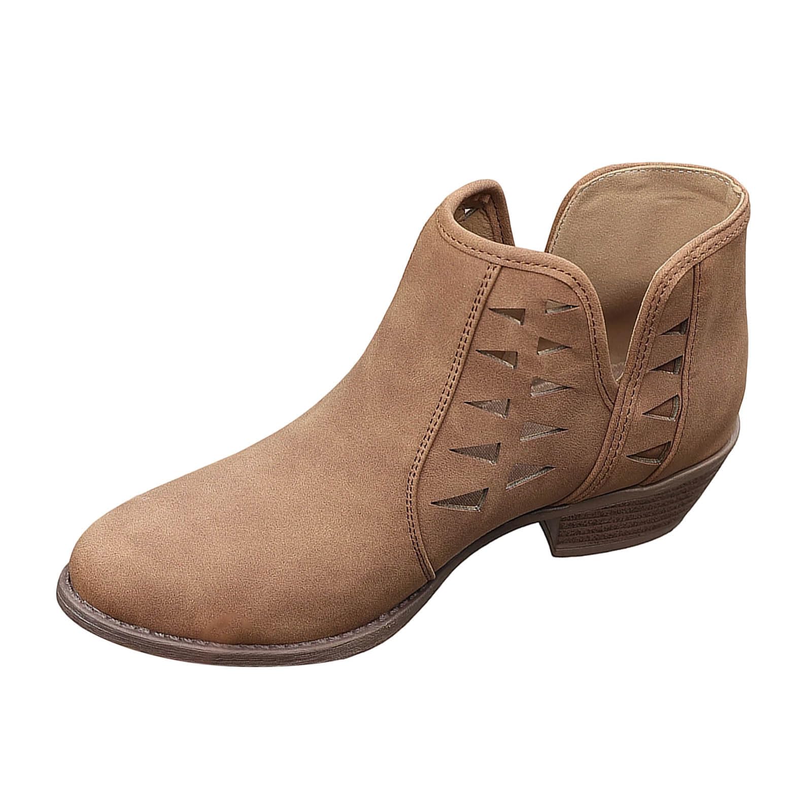 Leather Boots for Women Hollow Out Fashion Casual Chunky Low Heel Pointed Toe Ankle Boots Comfort Slip On