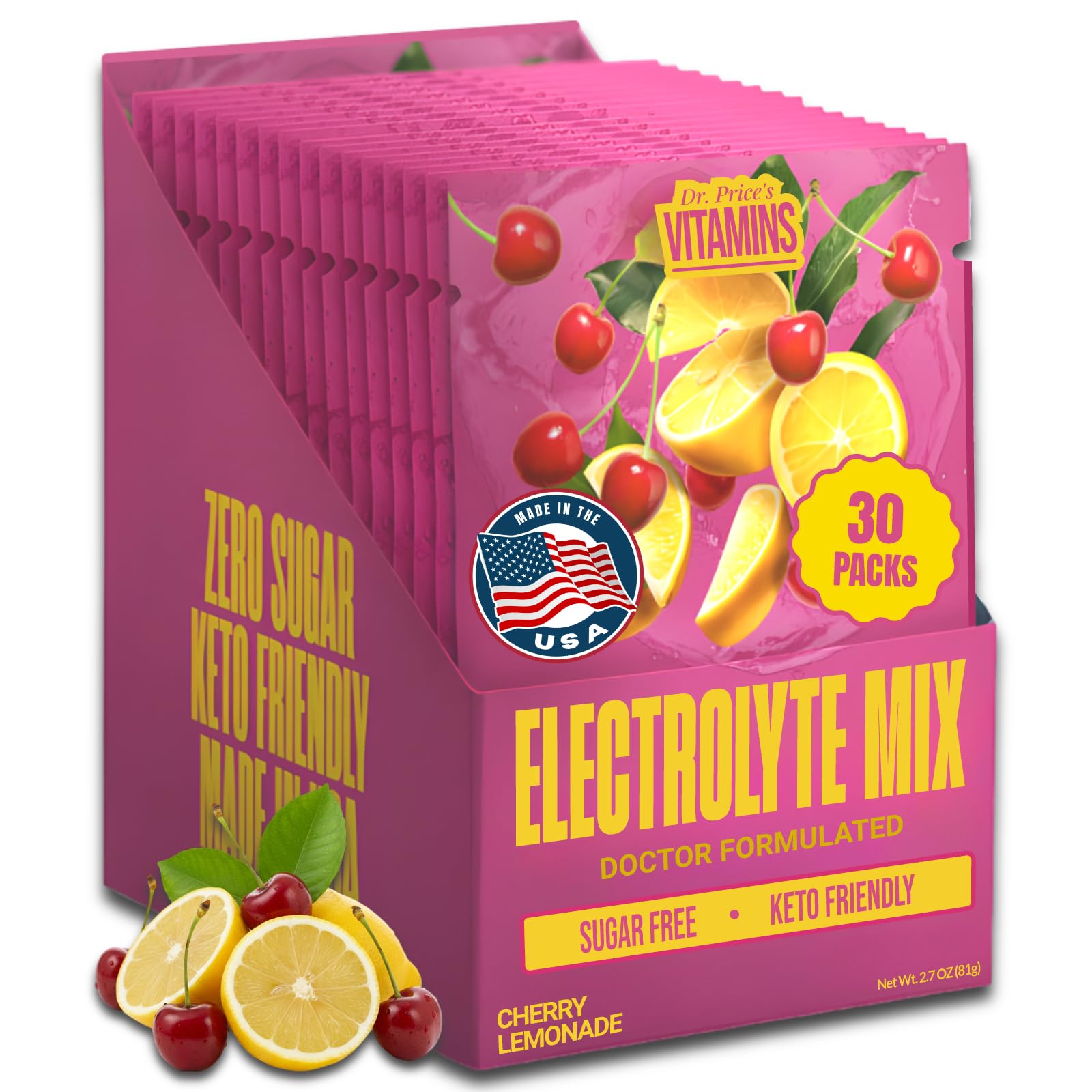 Dr. Price’s Electrolytes Hydration Powder Packets – Cherry Lemonade, 30 Packs | Sugar Free Electrolyte Drink Mix, 72+ Trace Minerals, Manganese | Keto, Vegan, Doctor-Formulated, Made in USA