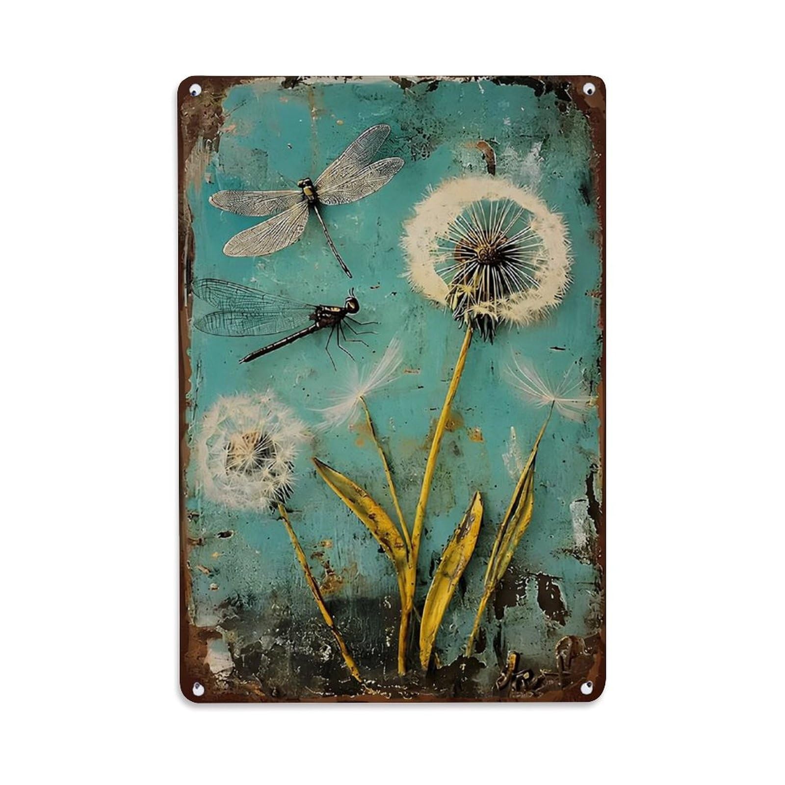 Jdfenggu Vintage Dragonfly Dandelion Nature Art Print Retro Metal Tin Sign, Decor Art Poster For Bar, Home, Man Cave, Kitchen, Laundry Room Gift 8X12inch