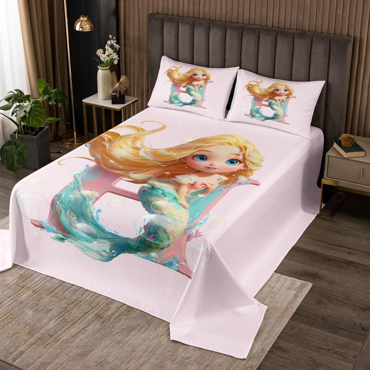 Erosebridal Cute Mermaid Quilt Set Queen Personalized Initial J Coverlet Set,Pink Monogrammed Bedspreads Fairy Dreamy Princess Bedding Sets Bedroom Decor