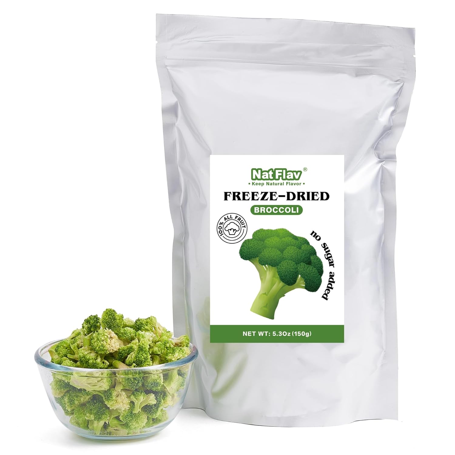 Nat Flav Freeze-Dried Broccoli 5.3oz - 100% Natural No Additives, Non-GMO Vegan Snacks for Kids, Adults, Camping & Hiking