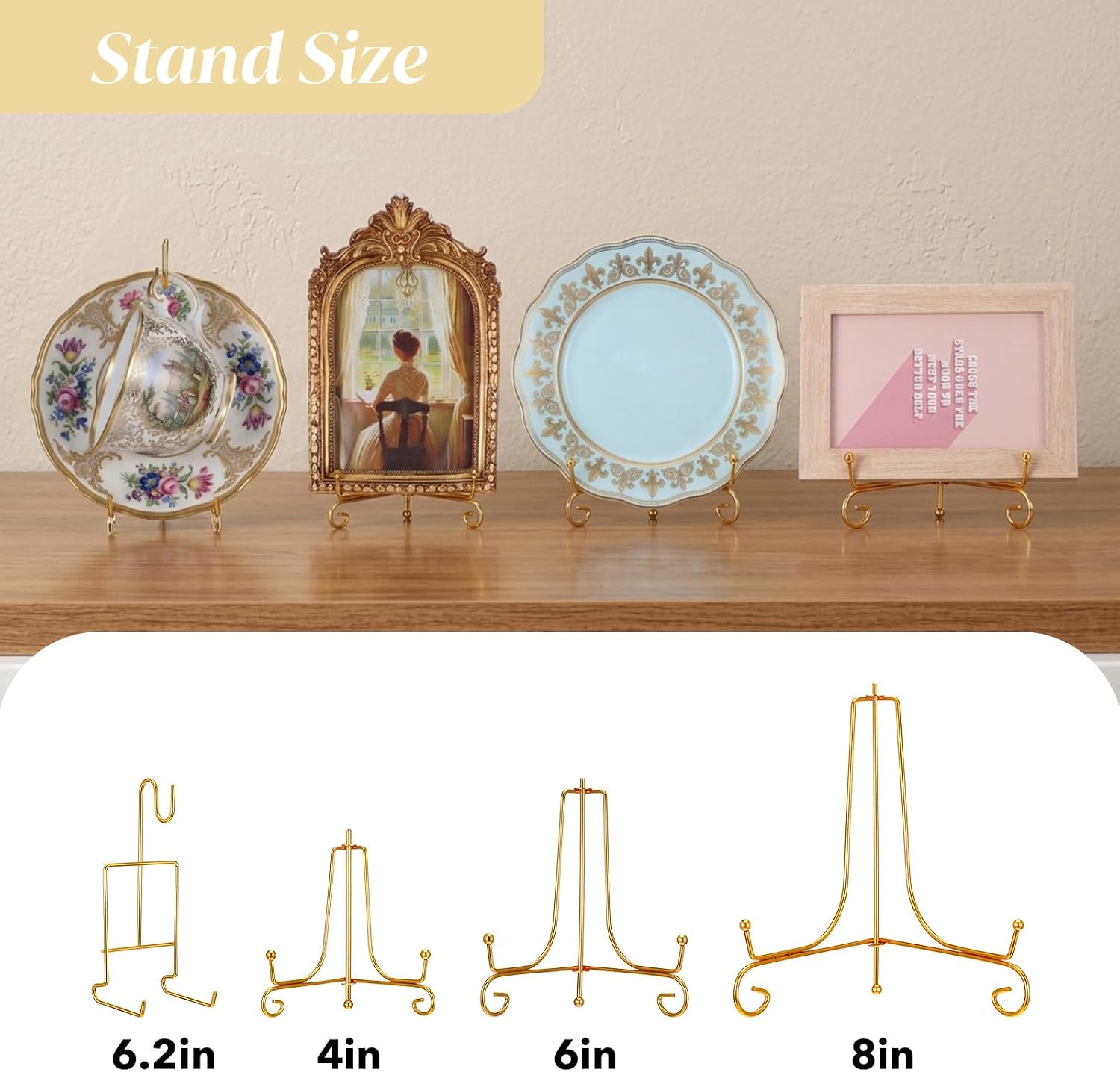6 Pcs 3 Size Gold Plate Stands for Display, 4 6 8 Inch Plate Holder & 6-Cup and Saucer Display Stand for Displaying Picture Frames, Book, Card, Bowl, Decorative Plates