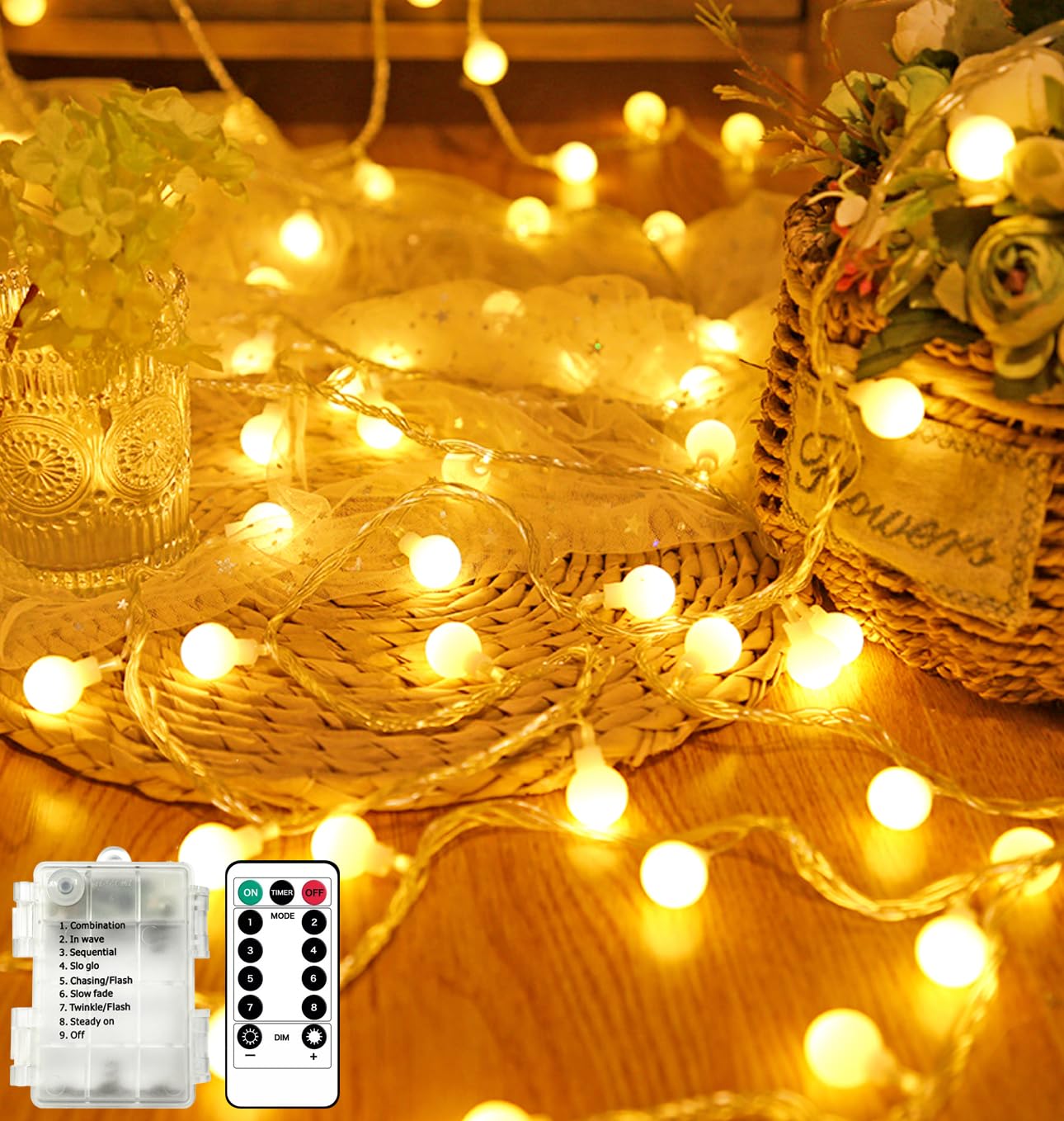 LED Lichterkette Batterie, 10M 100LED Lichterketten Innen, 8 Modi Dimmbar mit Timer, Wasserdicht, Kugel Lichterkette ideal für Außen/Innen, Weihnachten, Hochzeit, Party, Garten (Warmweiß)