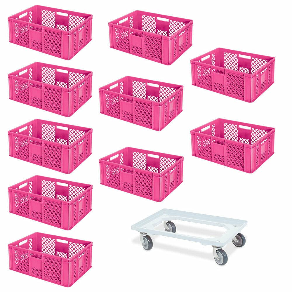 Set risparmio da 10 contenitori impilabili Eurostack Plus, con rotelle, 600 x 400 x 240 mm, qualità industriale, colore rosa