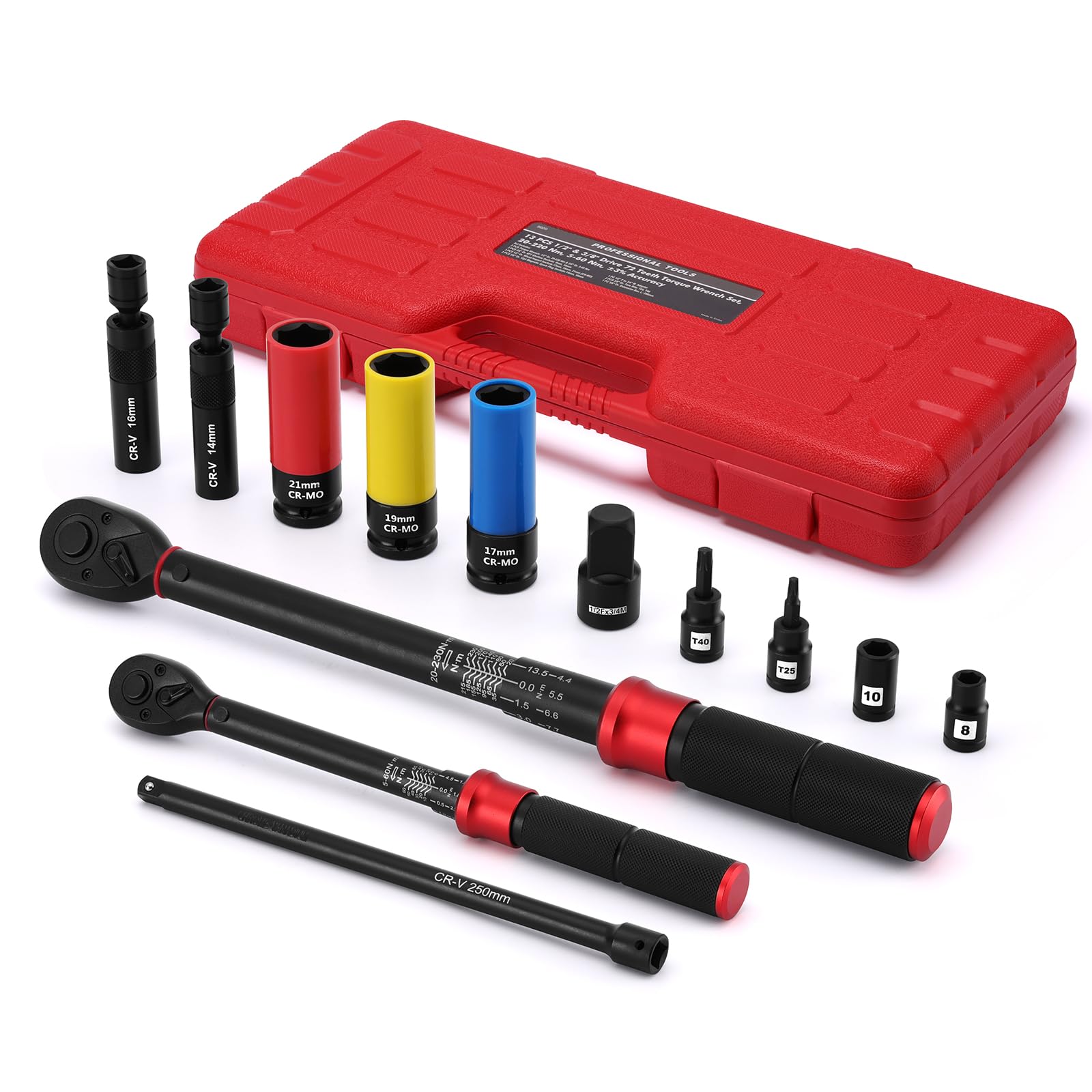 MIXPOWER 13 PCS 1/2" & 3/8" Drive 72 Teeth Torque Wrench Set, 20-220 Nm, 5-60 Nm, with Extension Bar, Adapter, Wheel Impact Socket, Magnetic Spark Plug Socket, Torx Bits and Shallow Sockets, CR-V