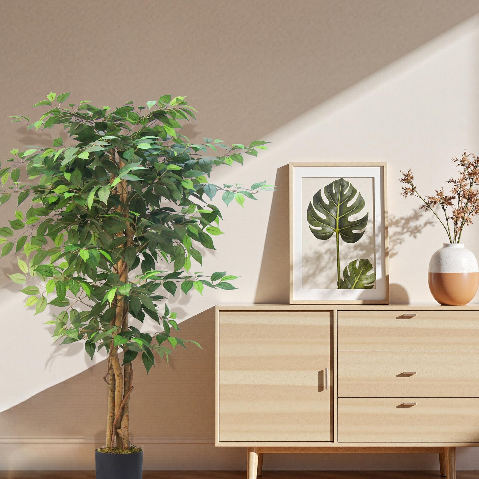 150cm Kunstbaum Ficus, Kunstpflanze Groß mit Naturholz-Stamm wie echt für Wohnzimmer, Büro, Garten, Balkon & Terrasse