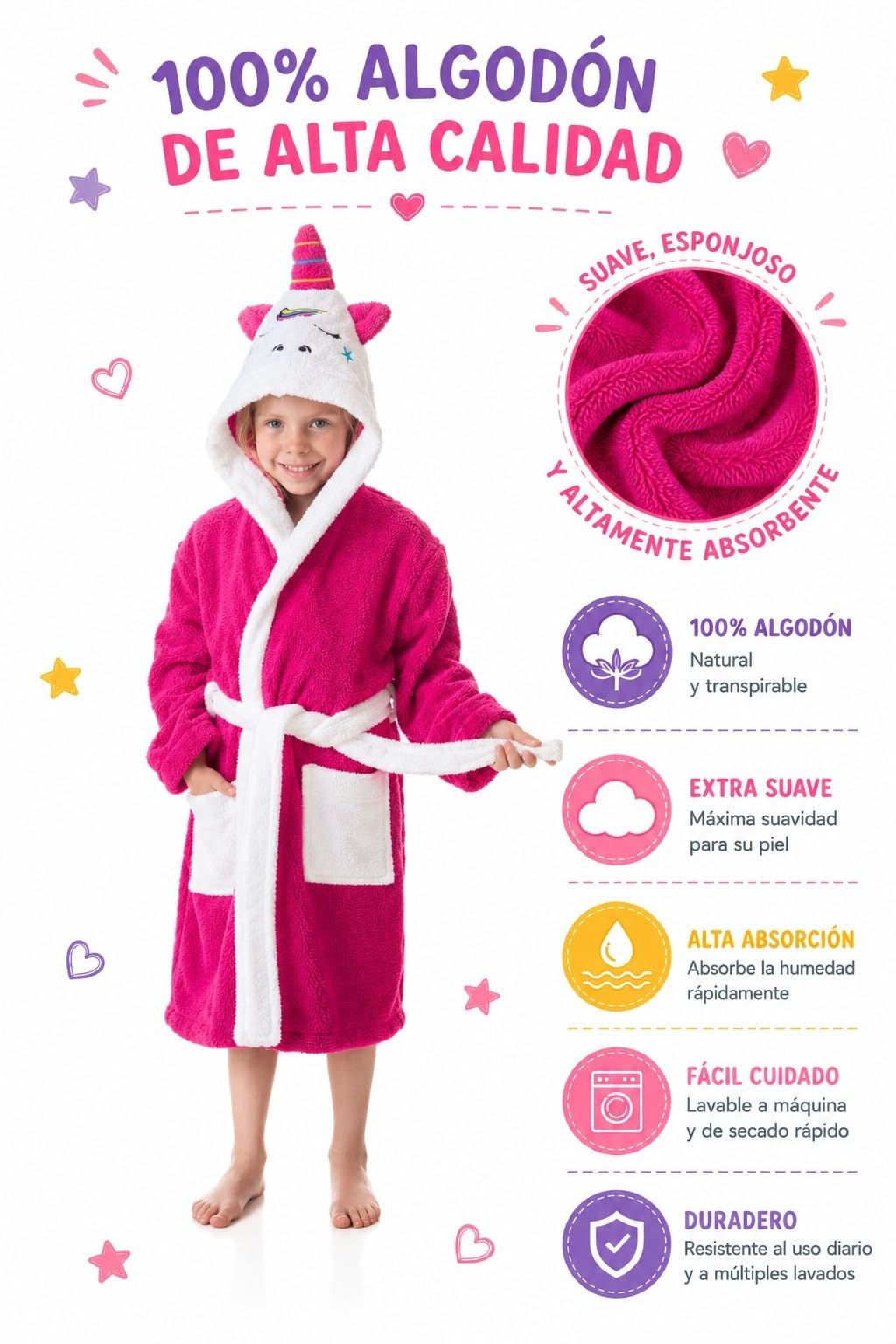 DHESTIA HOME Albornoz Infantil Niñas - Algodón Natural - Baño y Ducha - Capucha y Bolsillos - OekoTex Standar