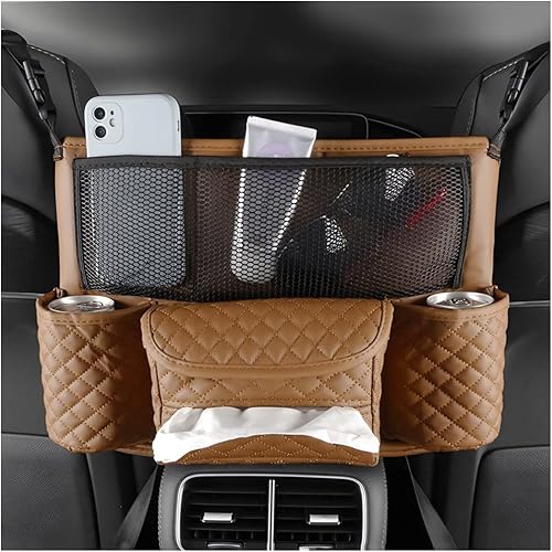 zipelo Soporte para bolso de coche entre asientos, soporte de cuero sintético con múltiples bolsillos de gran capacidad, barrera de bolsa de red