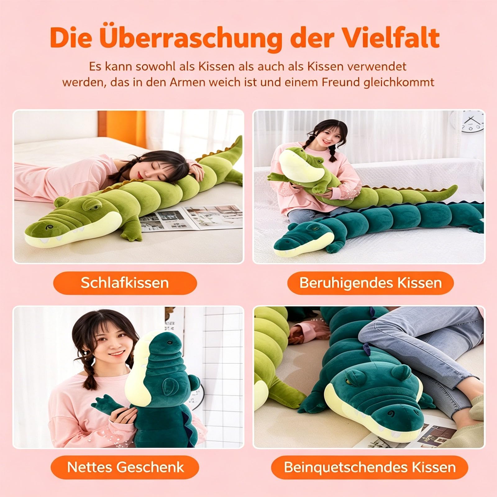 Riesen Krokodil Kuscheltier XXL, Groß Krokodil Stofftier Plüschtier Alligator, Krokodilkissen Plüschtier, Kawaii Plüschtier Krokodil Spielzeug Kissen, Geschenk für Jungen Mädchen (100cm,Grün)