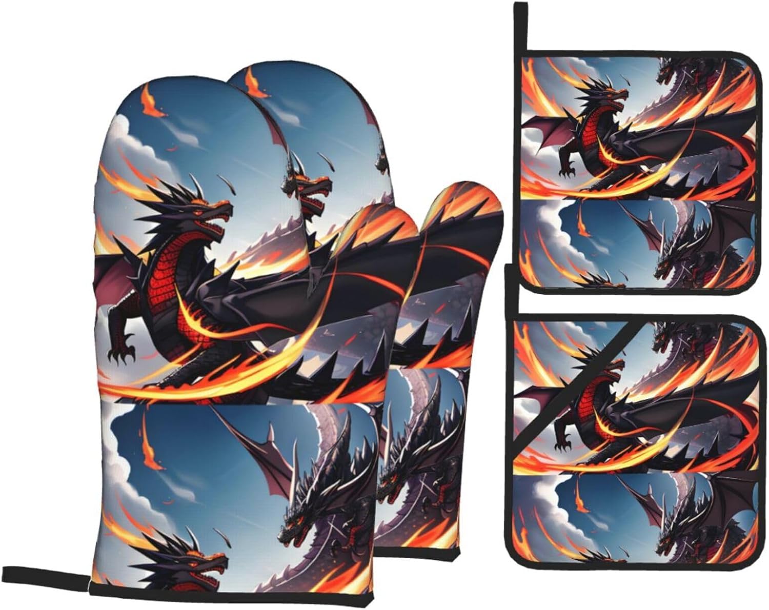 Double Dragon Battle Printed Oven Mitts and Pot Holders Sets – Heat-Resistant, Waterproof, and Durable Kitchen Baking Four-Piece Set