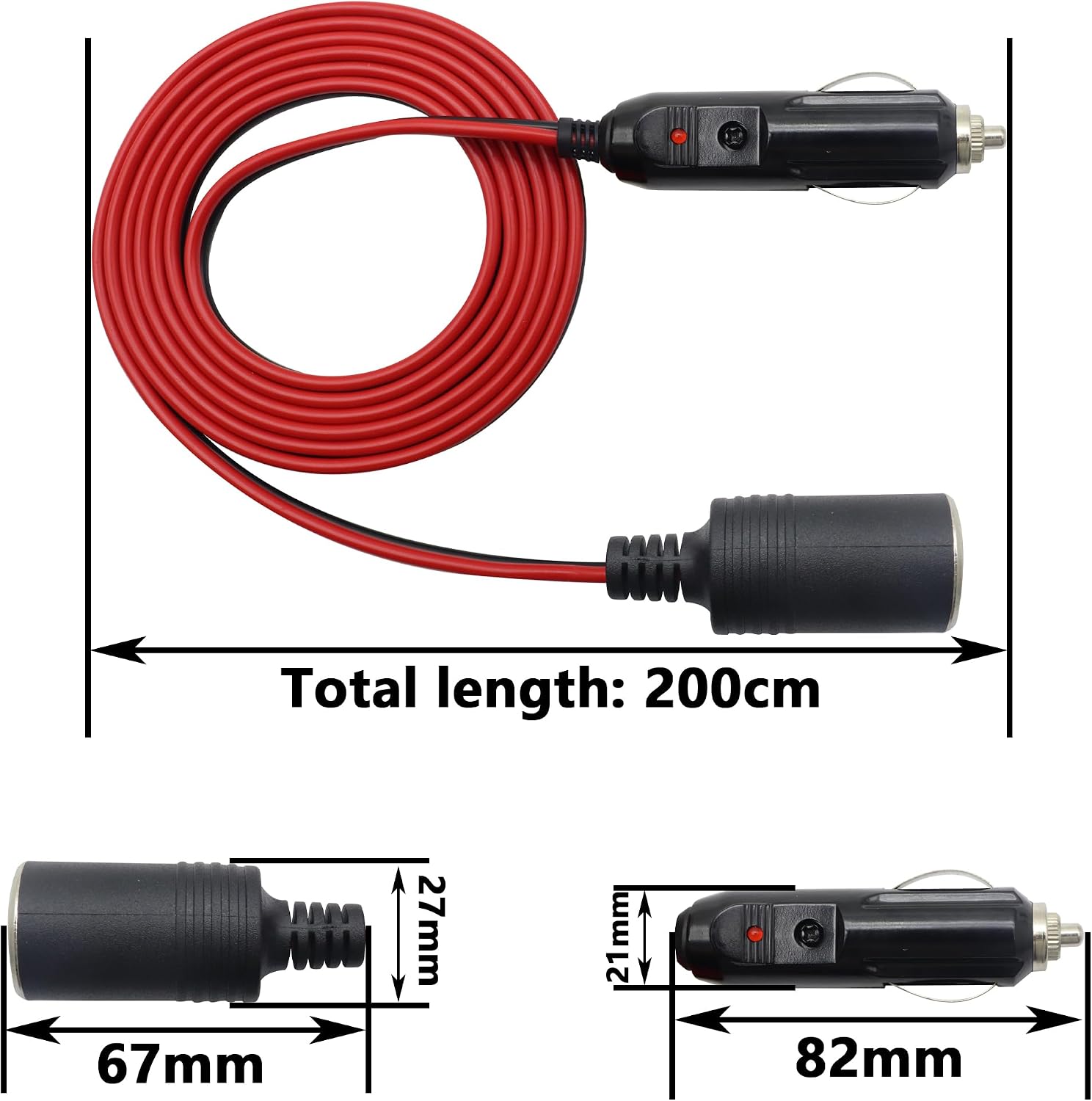16AWG, 15A Cigarette Lighter Extension Cable 12V/24V Car Extension Cord, Male to Female Cable for Car Vehicle Tire Pump Refrigerator Car Vacuums Coffee Maker etc. [2m/6.6ft]