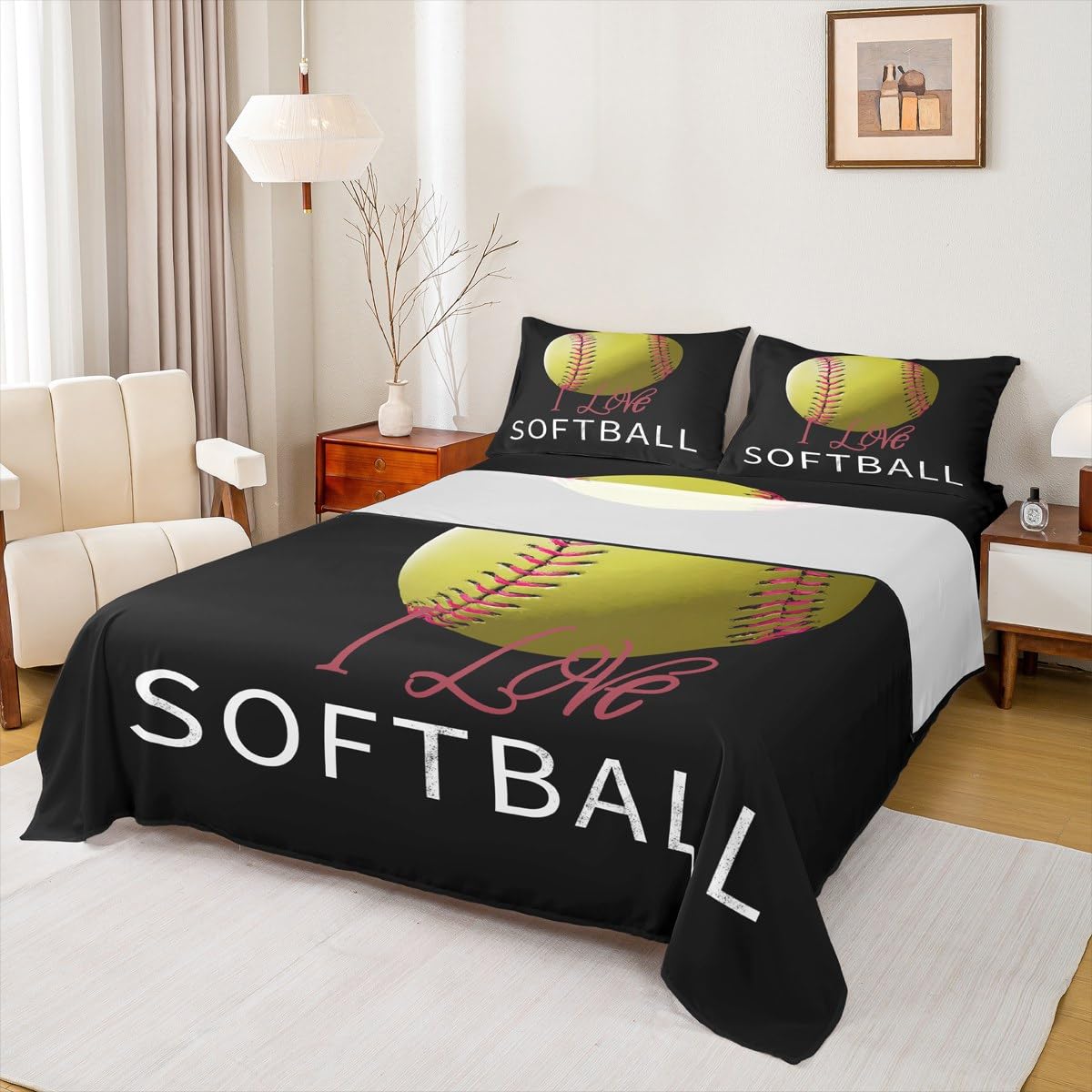 Juego de sábanas con patrón de sóftbol, juego de sábanas bajeras para niños y niñas, juego de sábanas de tamaño completo, incluye 1 sábana encimera, 1 sábana bajera, 2 fundas de almohada