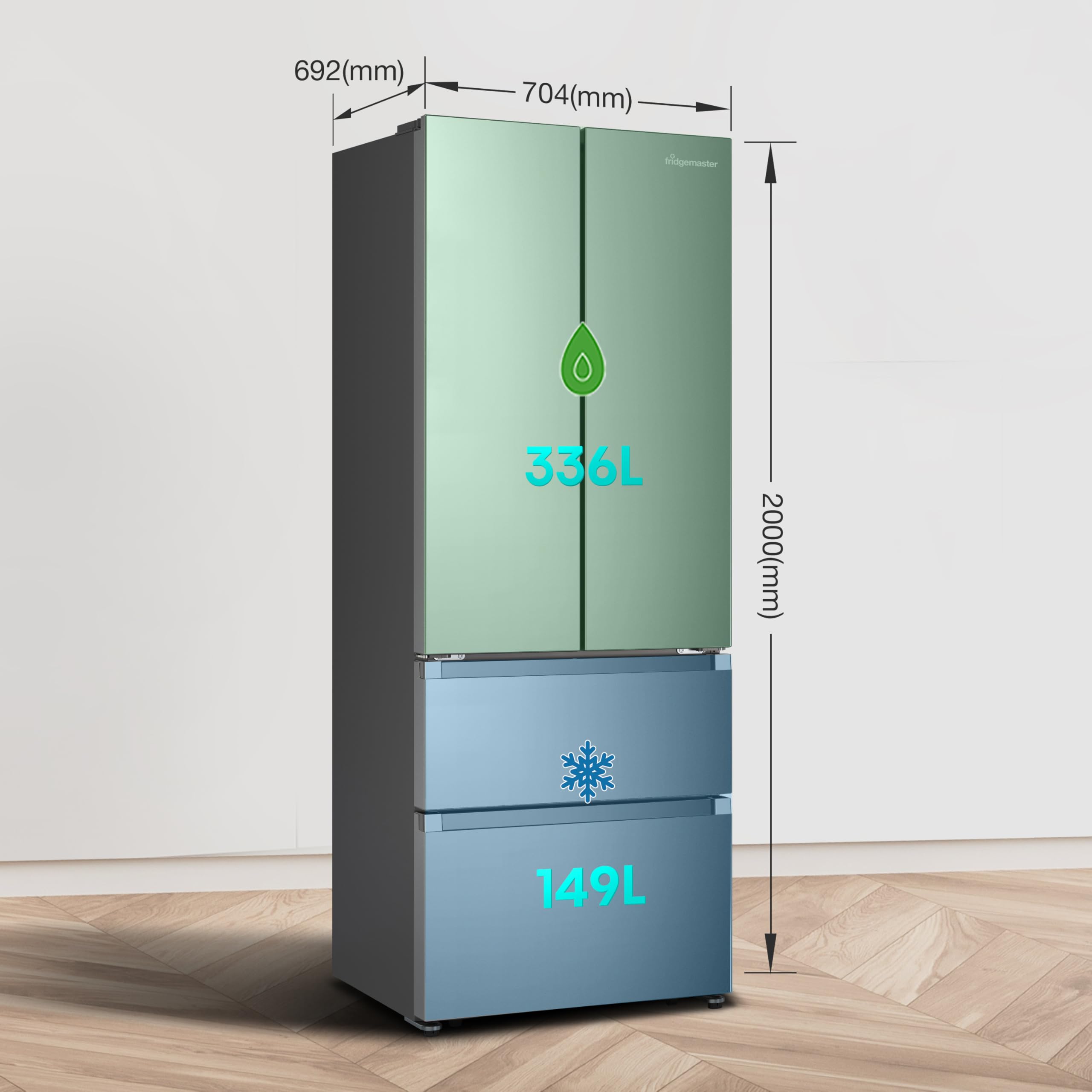 Fridgemaster MF70450ES French Door Fridge Freezer 485L, Total No Frost, Silver, 69.4D x 70.4W x 200H cm, E Rated - 3