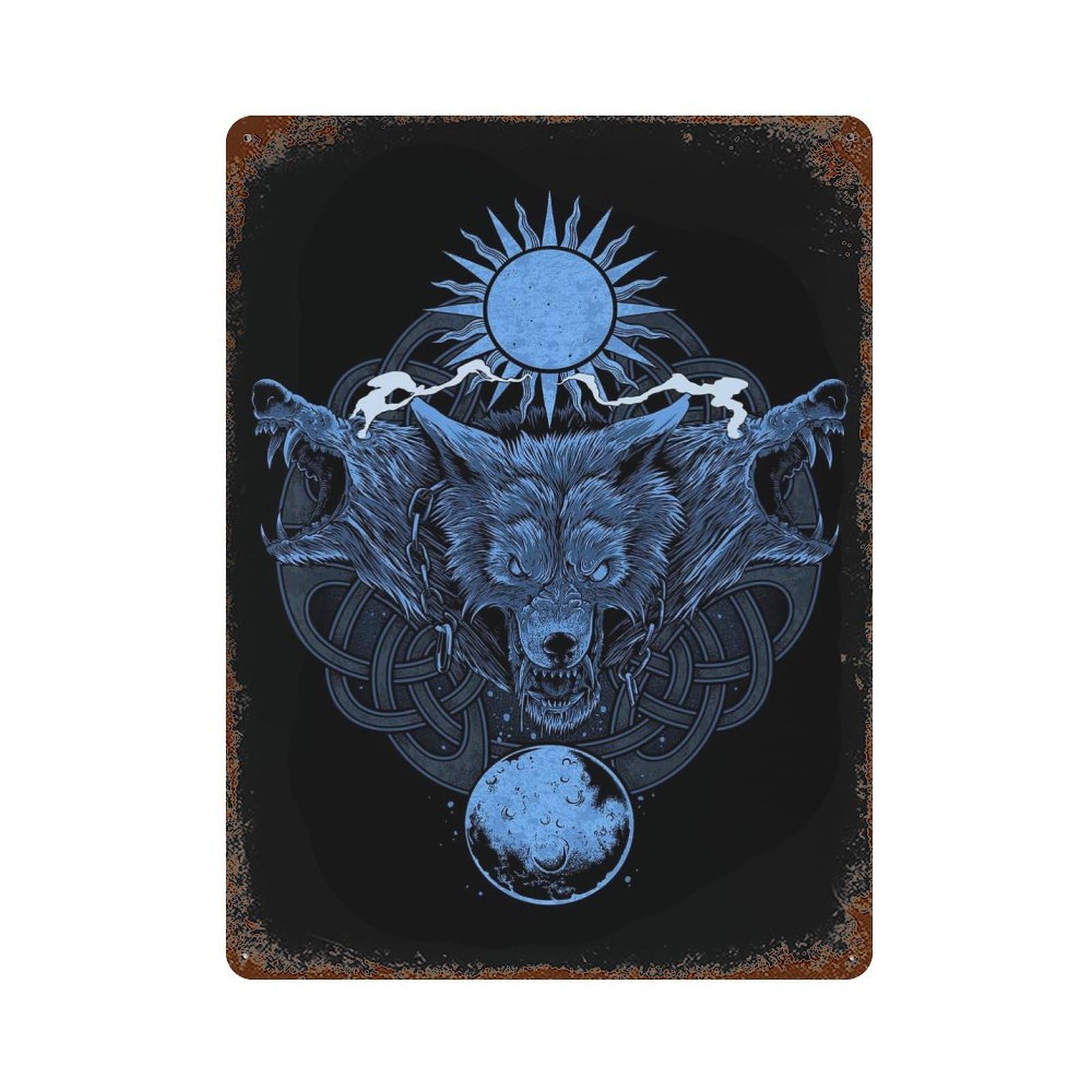Norse Mythology Wolves Rust Effect Tin Sign 15.7"x11.8", for Bistro, Counter And Cafe Decor, Decorative Metal Wall Art