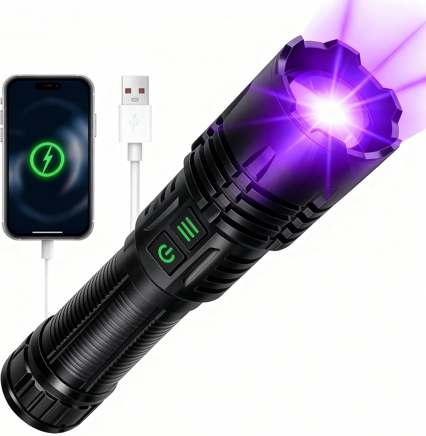 2-in-1 UV 365nm Blacklight & High Lumens LED Flashlight for Hotel Inspection, Counterfeit Detector & Pet Urine, 5000mAh Rechargeable Tactical Torch for Scorpions, Resin Curing, Emergencies