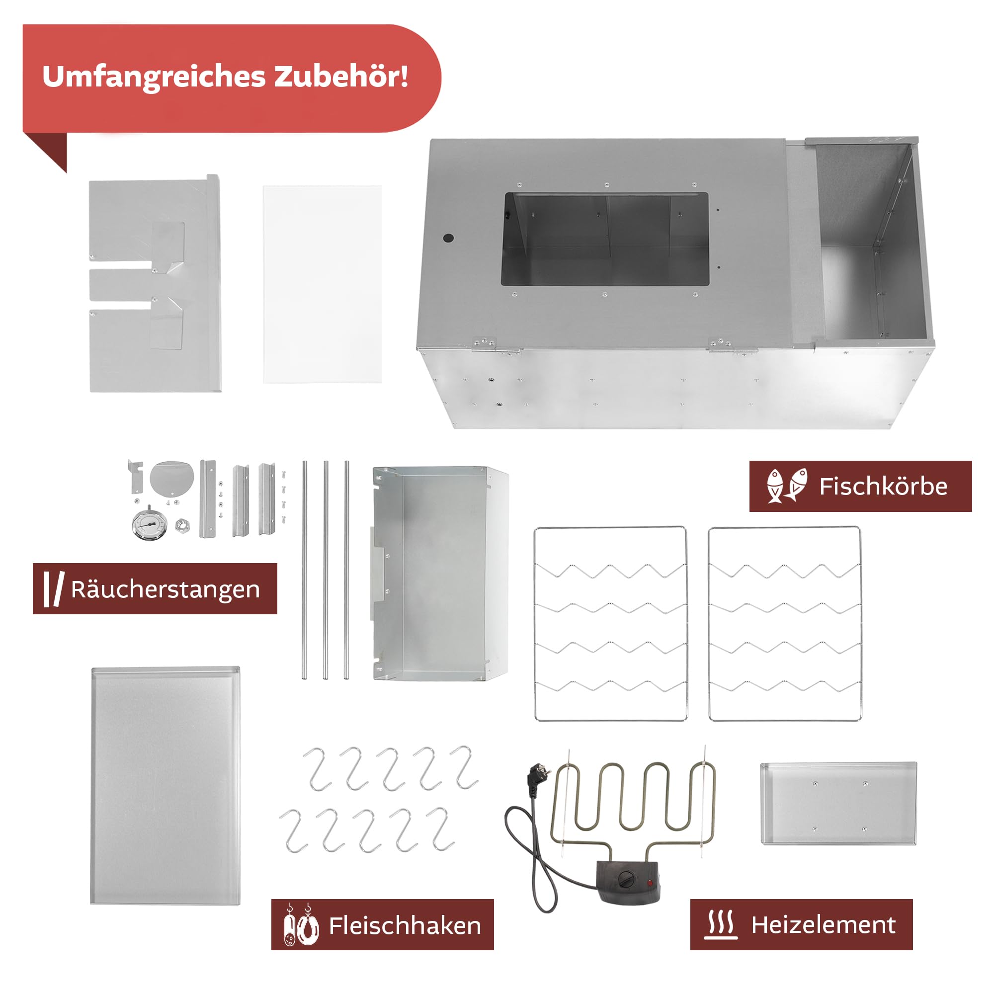LEMODO Räucherofen 80x39,5x27,5 cm mit umfangreichem Zubehör, Räucherschrank und Heizspirale, Kalträucherofen mit großer Räucherkammer, Tischräucherofen (Smoker Edelstahl 80cm+Heizspirale)