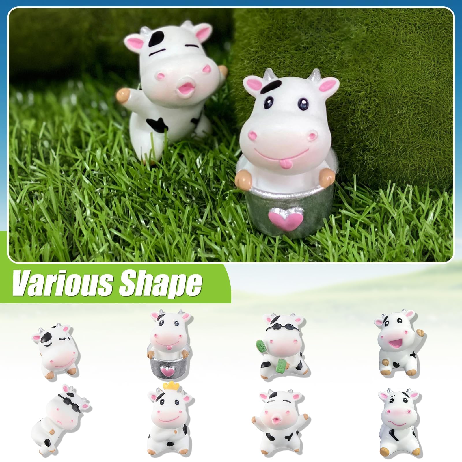 8Pcs Cute Cow Car Dashboard Ornaments - Vehicle Rear View Mirror Dashboard Touchscreen Top Funny Adorable Mini Decor — view 6