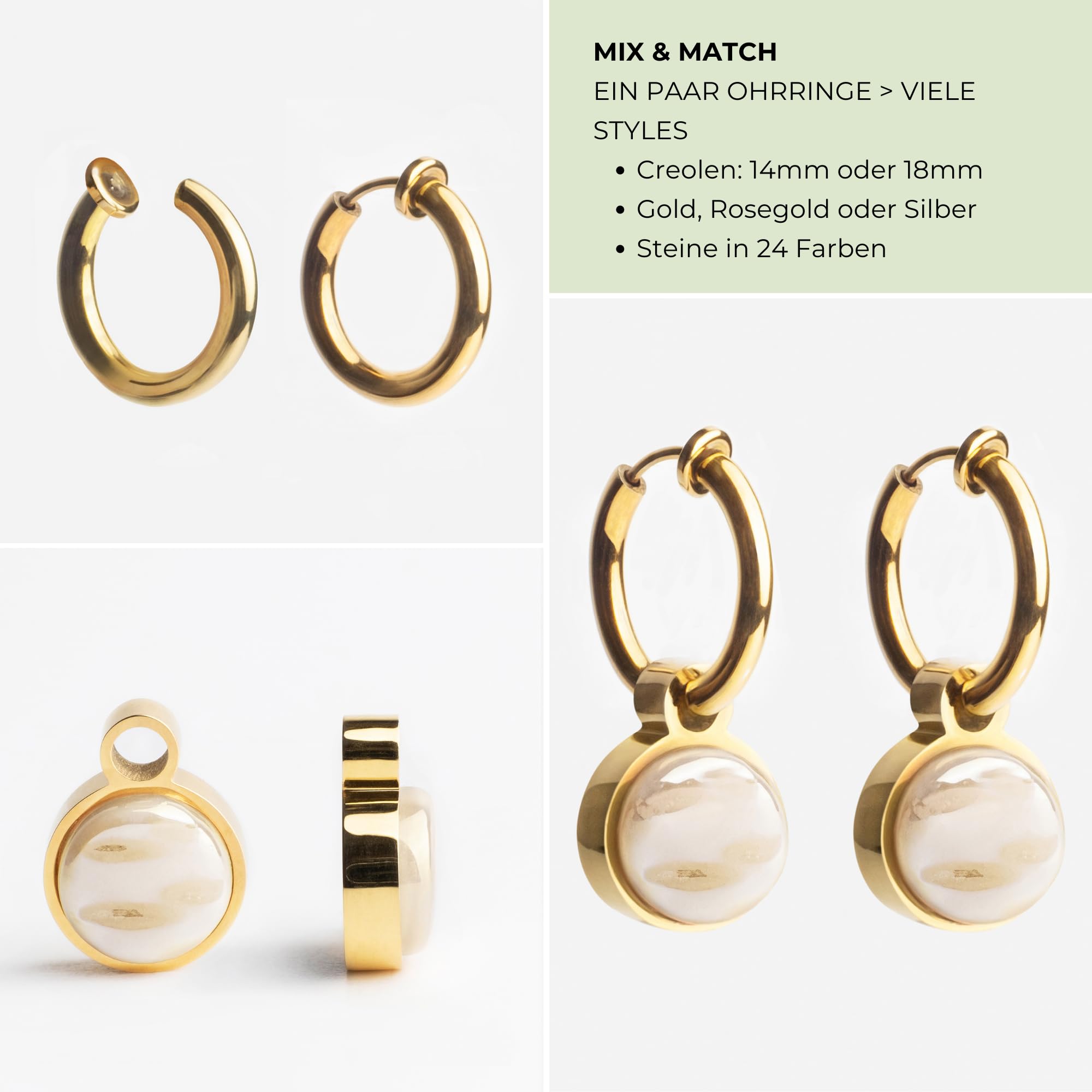 Clip Ohrringe mit Anhänger • Gold Ohrclips aus Edelstahl 18k vergoldet • mit Charm zum Wechseln • nachhaltig & handgemacht • MIX AND MATCH • Ø 14 mm