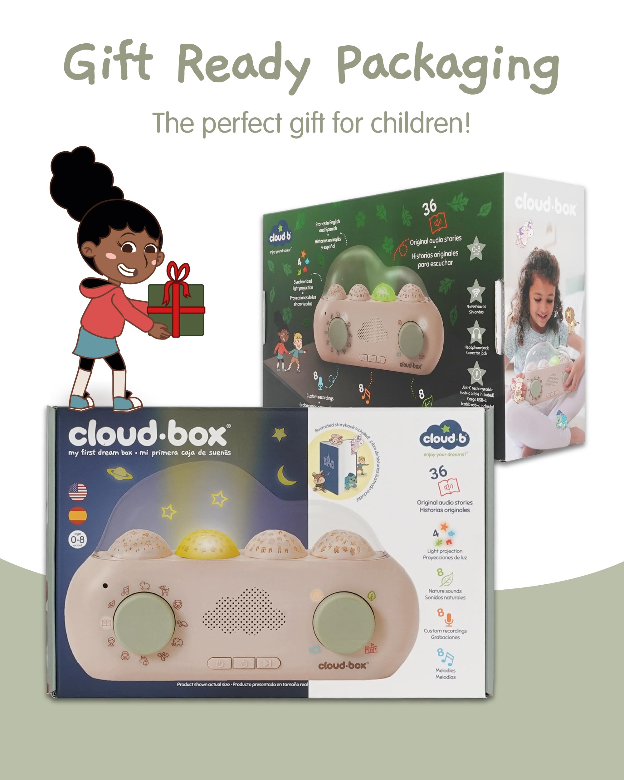 Cloud B CloudBox - Mi Primera Caja de sueños | Proyector Luz Nocturna y Cuentacuentos | 36 Cuentos Originales, 8 Melodías y 8 Ruidos Blancos | Recargable con Configuración Ajustable | Español/Inglés