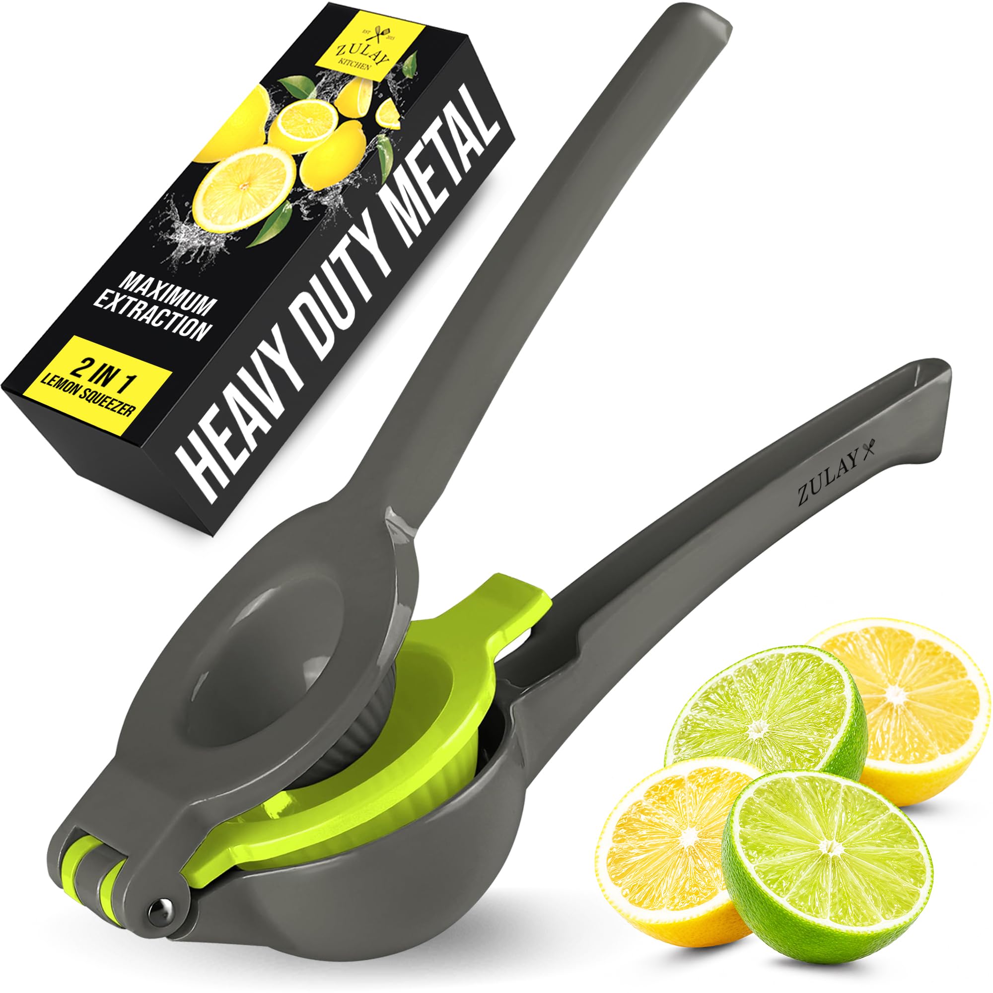 Zulay Kitchen Metal 2-in-1 Lemon Squeezer - Sturdy Max Extraction Hand Juicer Lemon Squeezer Gets Every Last Drop - Easy to Clean Manual Citrus Juicer - Easy-Use Lemon Juicer Squeezer - Gray/Lime