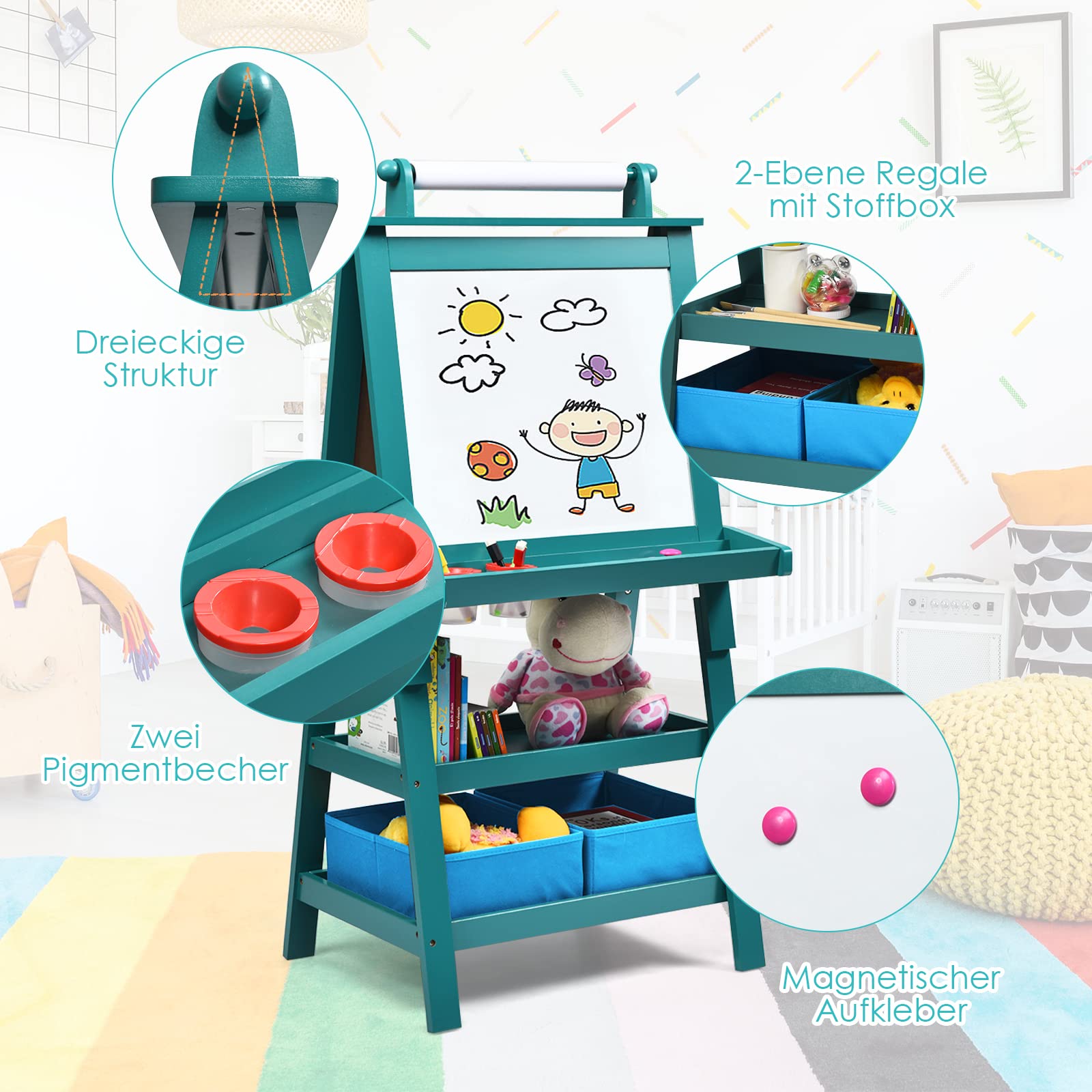 DREAMADE doppelseitige Kinder Staffelei aus Holz, Kinderstaffelei mit Ablage, Kindertafel mit Papierrolle Whiteboard und Kreidetafel, inkl. 2 Stoffboxen (Grün)