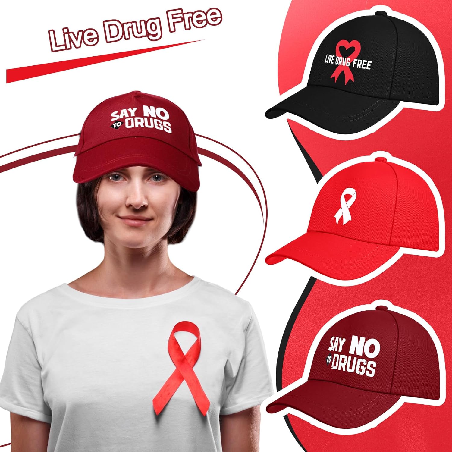 24 Pack Red Ribbon Awareness Caps Bulk Red Cancer Hats Unisex Drug Free Baseball Aids Awareness Caps for Ribbon Week Walk Cause Public Charity Volunteer Party Supplies