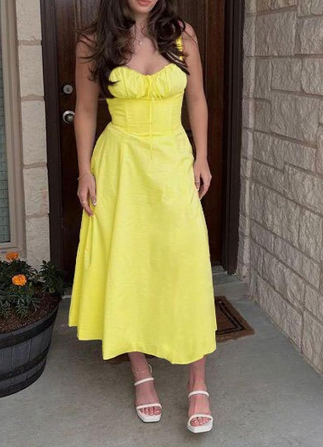 Generic Women Casual Corset Dress Sleeveless Lace Up Ruched Bodycon Split Tie Square Neck A Line Boho Flowy Maxi Sundress