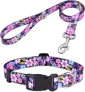 Juego de collar y correa de perro, patrones geométricos florales, tribales, bohemios, collar de estilo étnico, suave y ajustable, para perros pequeños, medianos y grandes, floral rosado, S