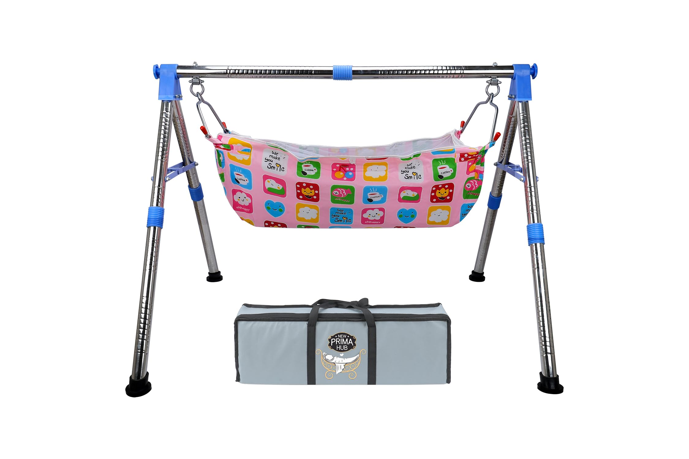 New Born Baby Swing Cradle Jhula for Babies Boy and Girl/Foldable & Portable Palna for Baby/Indian Style Hammock with Mosquito Net/Stainless Steel Body (Blue)